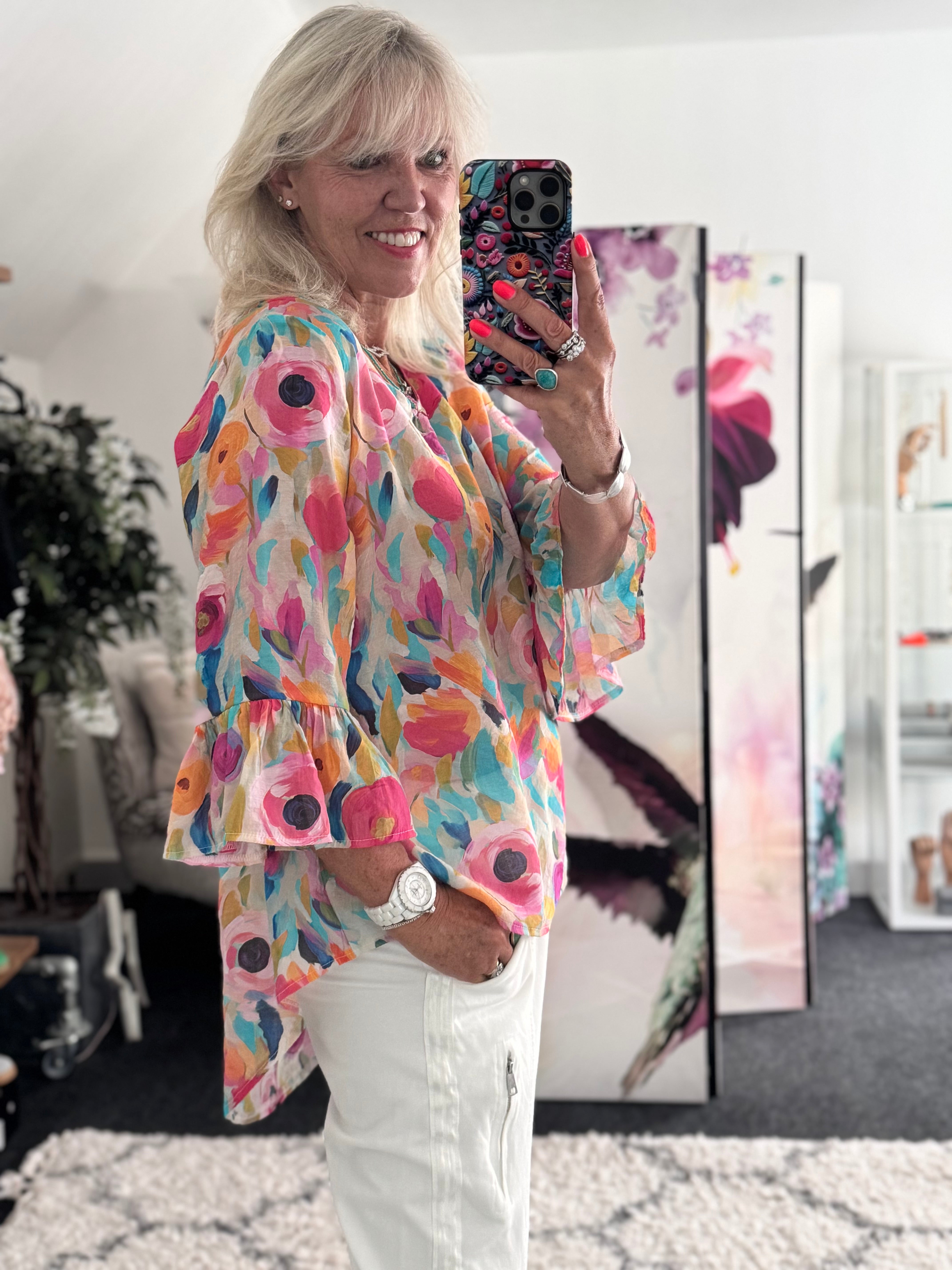 Silky Floral Top with Ruffle Sleeves