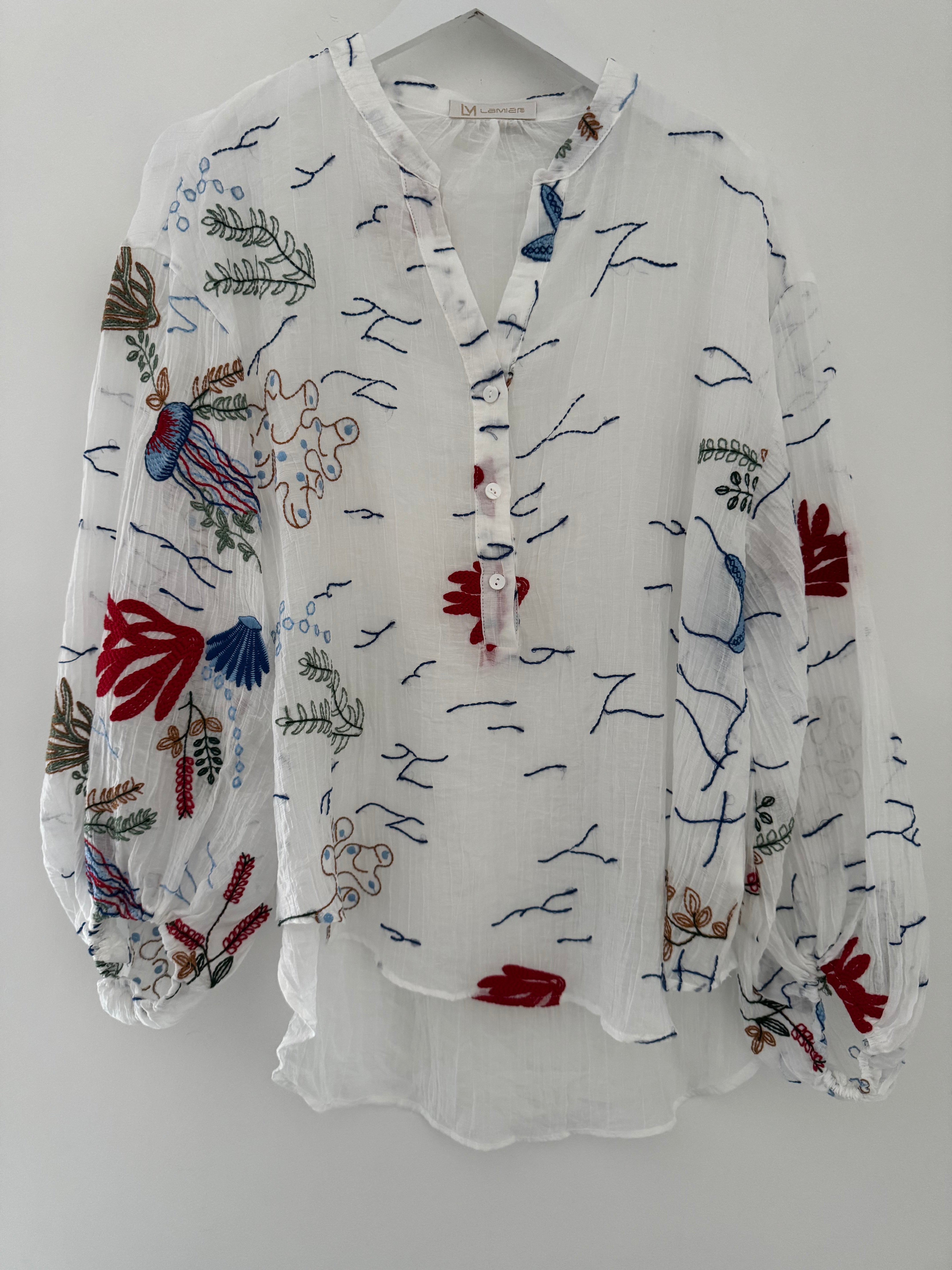 Coral Reef Embroidered Shirt in White