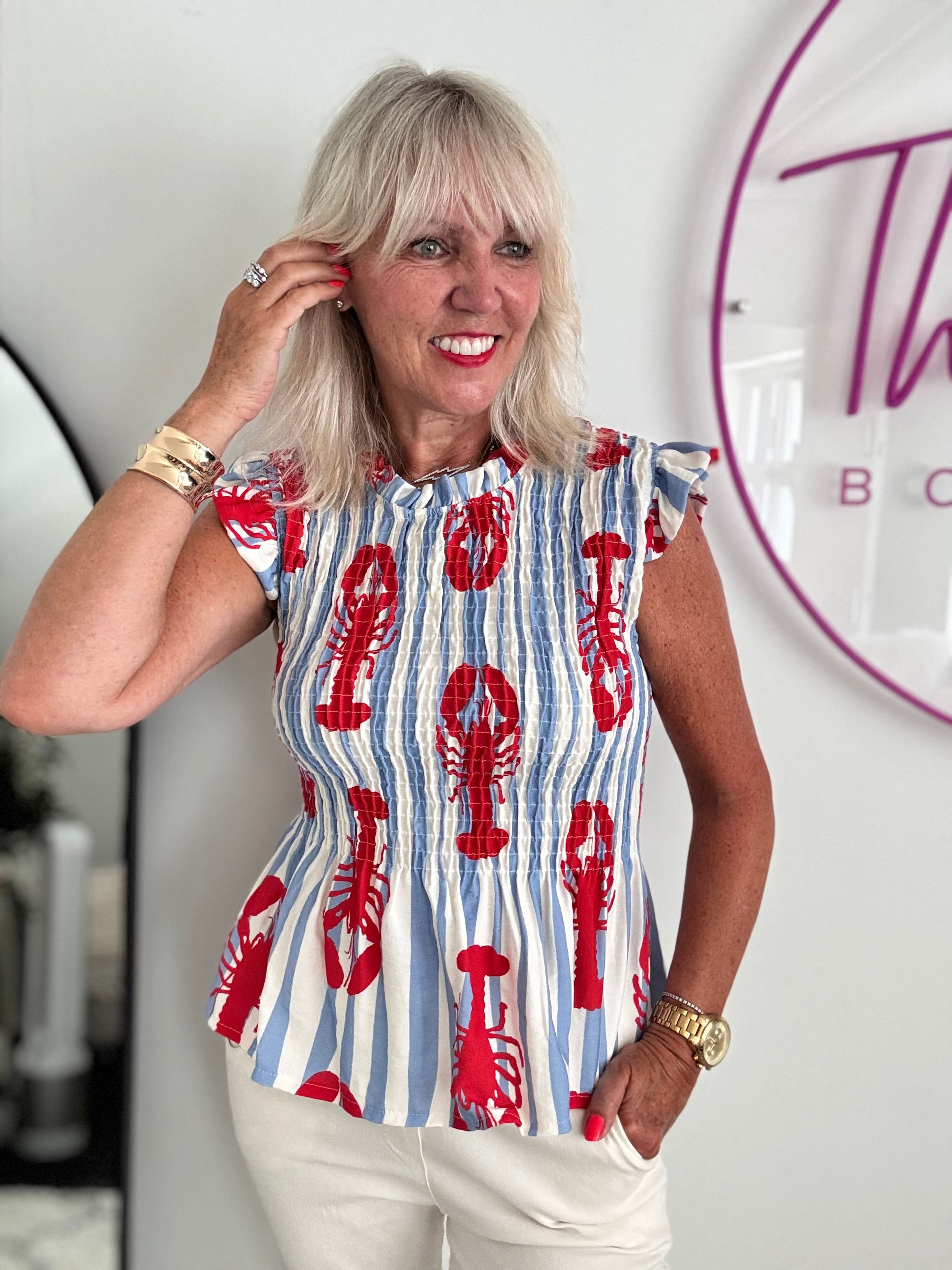 Shirred Lobster Top in Blue & Red