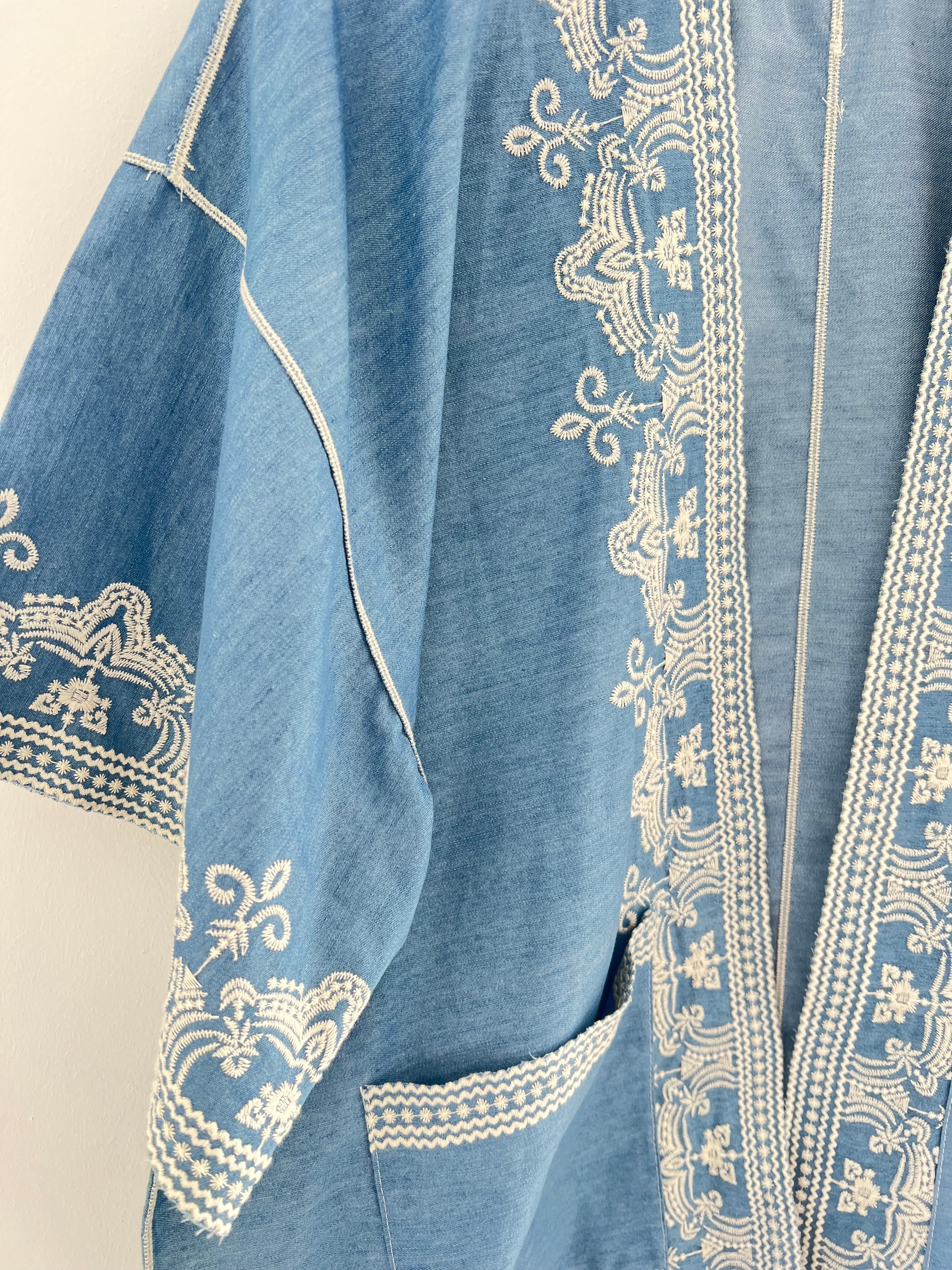 Embroidered Kimono Jacket in Blue Chambray