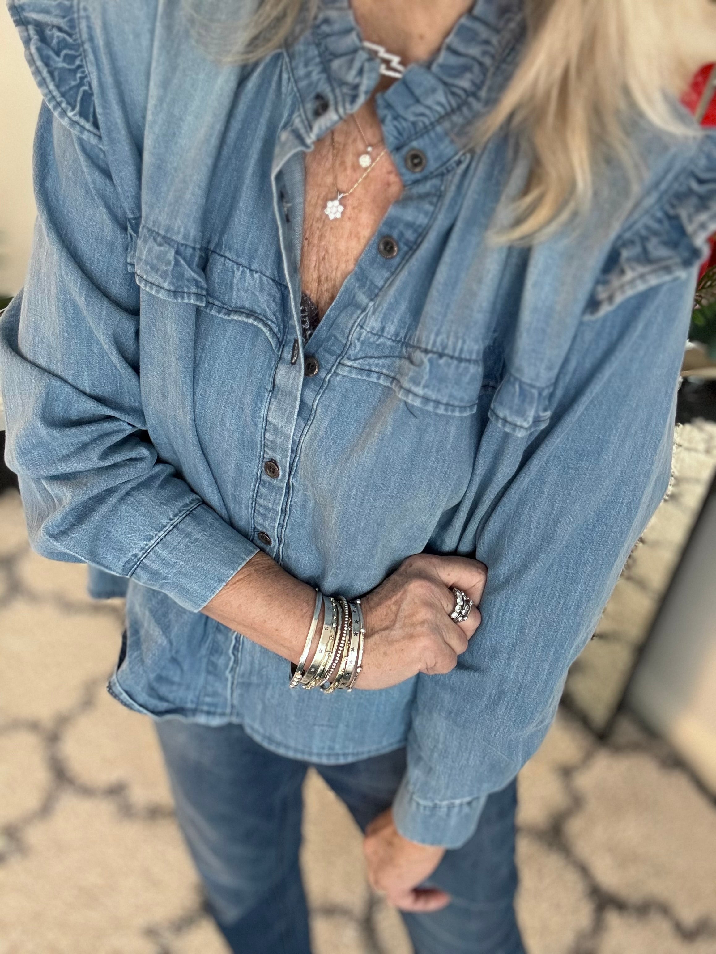 Luxe Ruffle Blouse in Mid Denim