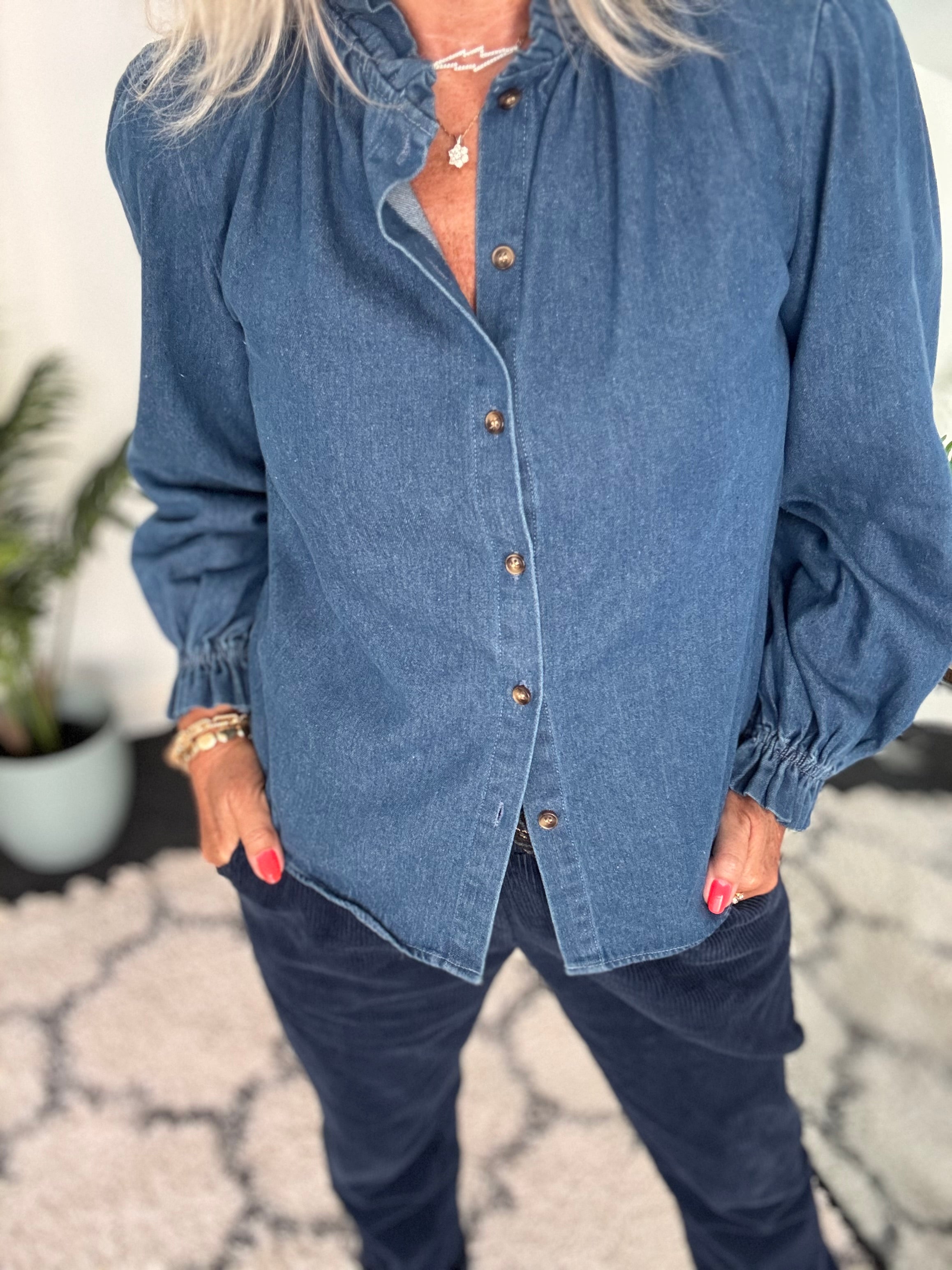 Soft Denim Shirt with Ruffle Collar & Cuffs