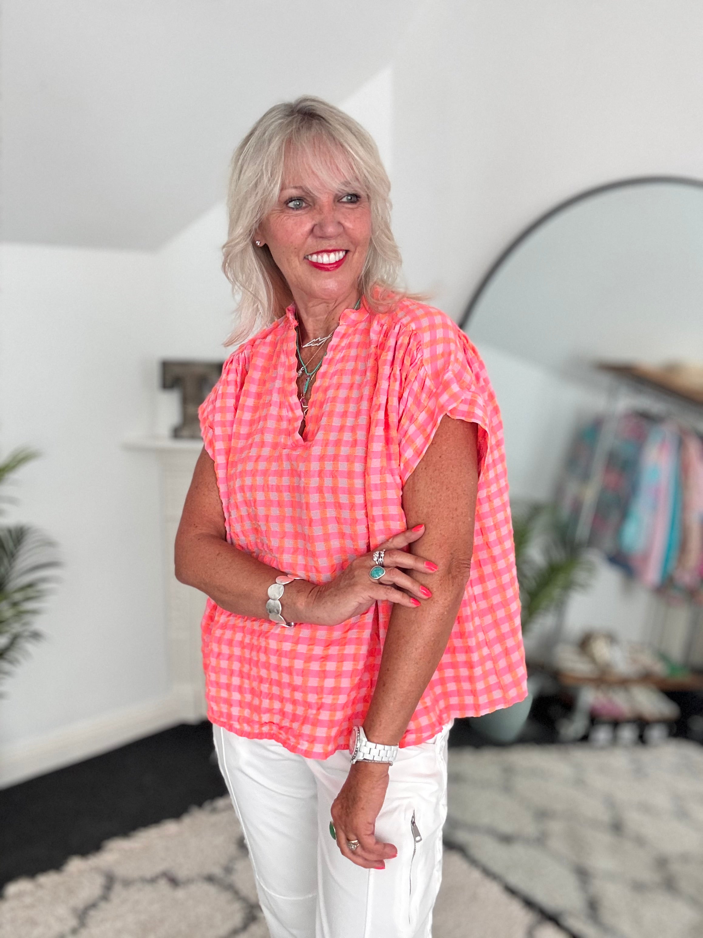 Check Top in Neon Pink & Orange