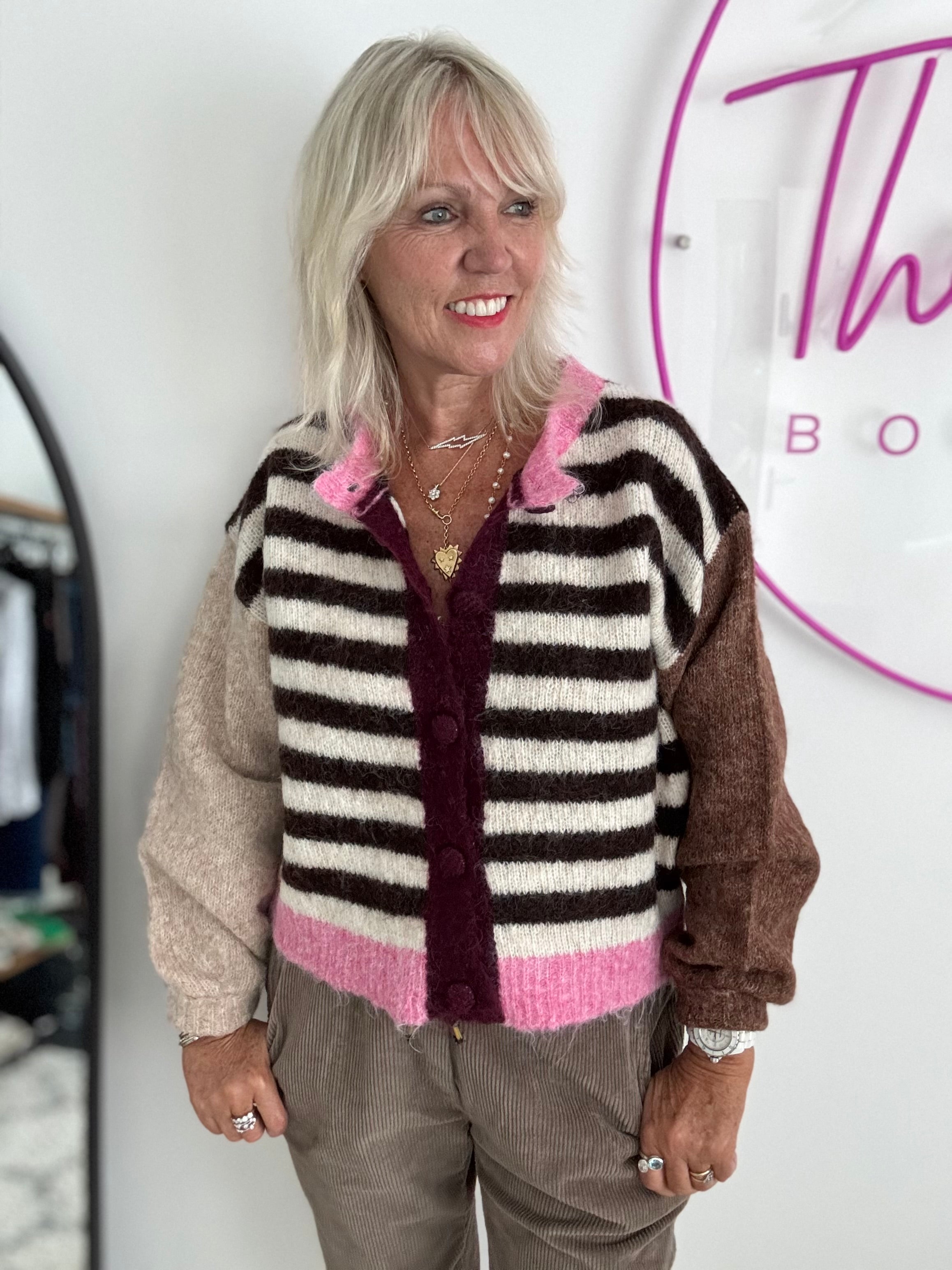 Stripe Mohair Cardi in Pink & Cocoa
