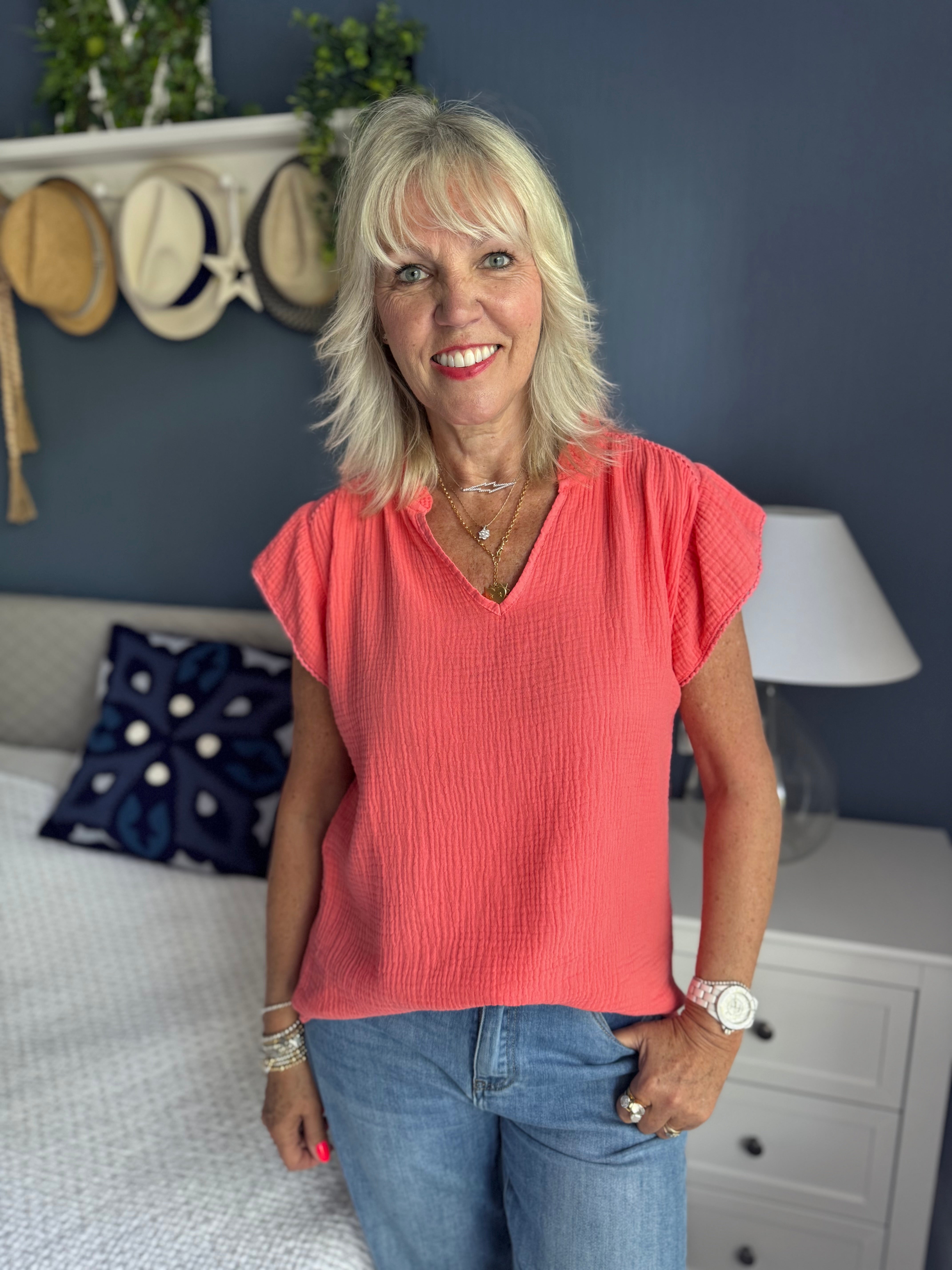 Cheesecloth Top with Ruffle Sleeves in Coral