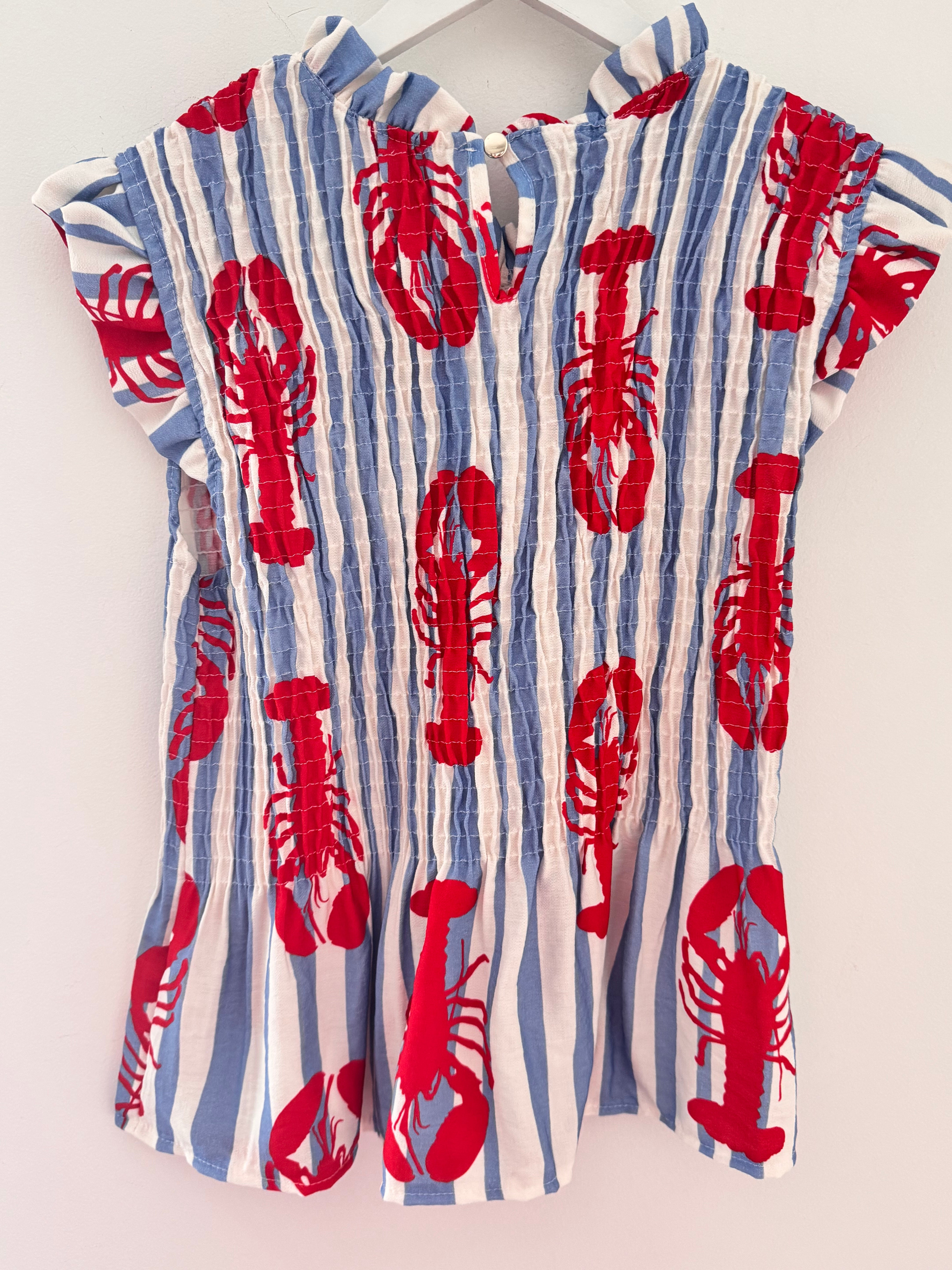 Shirred Lobster Top in Blue & Red