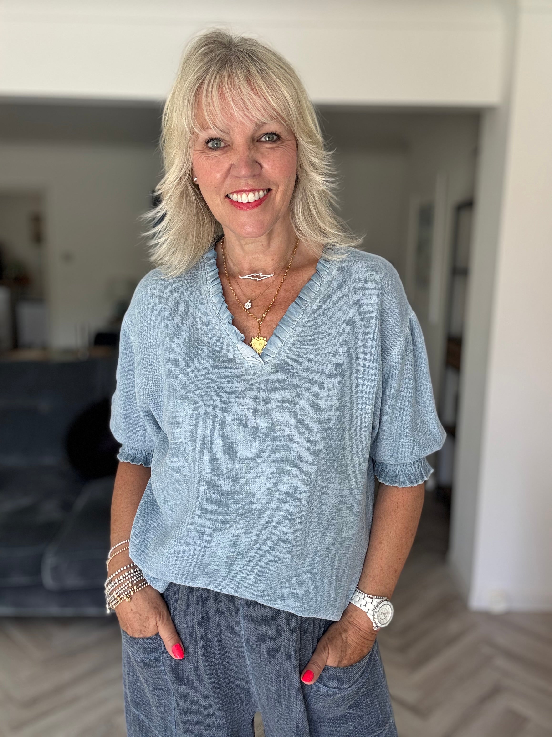 Linen & Cotton Top in Faded Blue