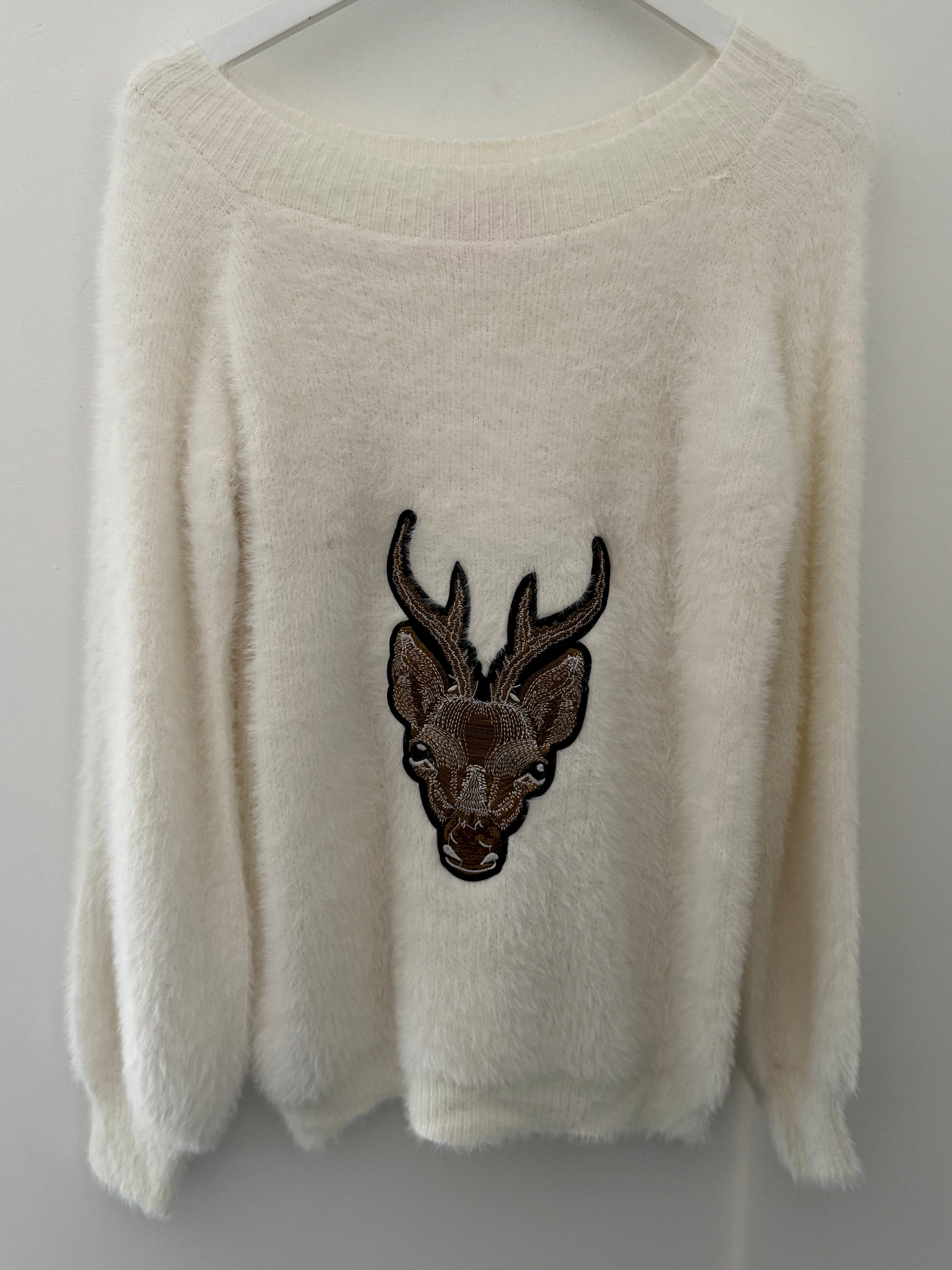 Oh Deer Fluffy Jumper in Winter White