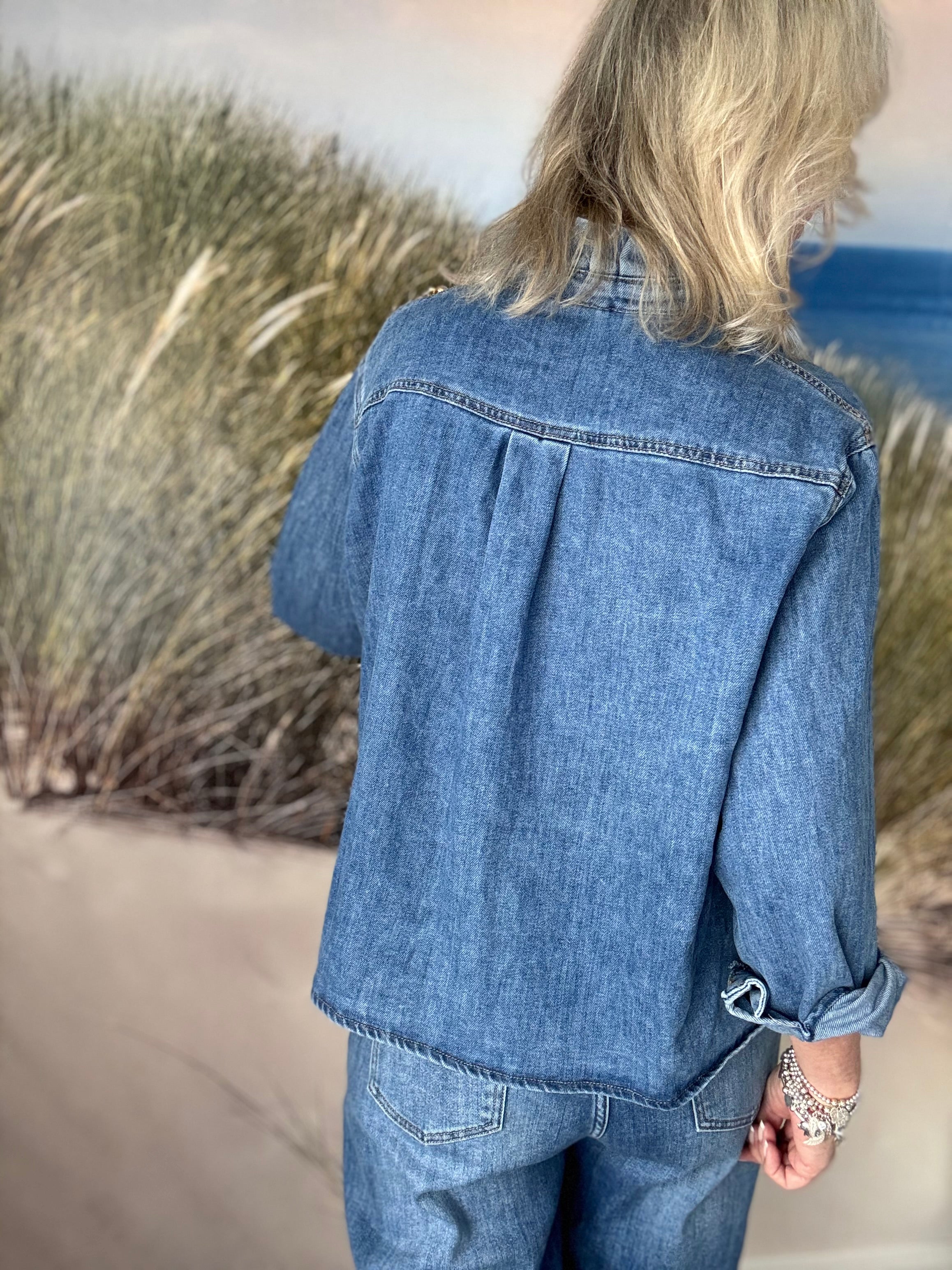 Soft Denim Shirt with Ruffle Collar