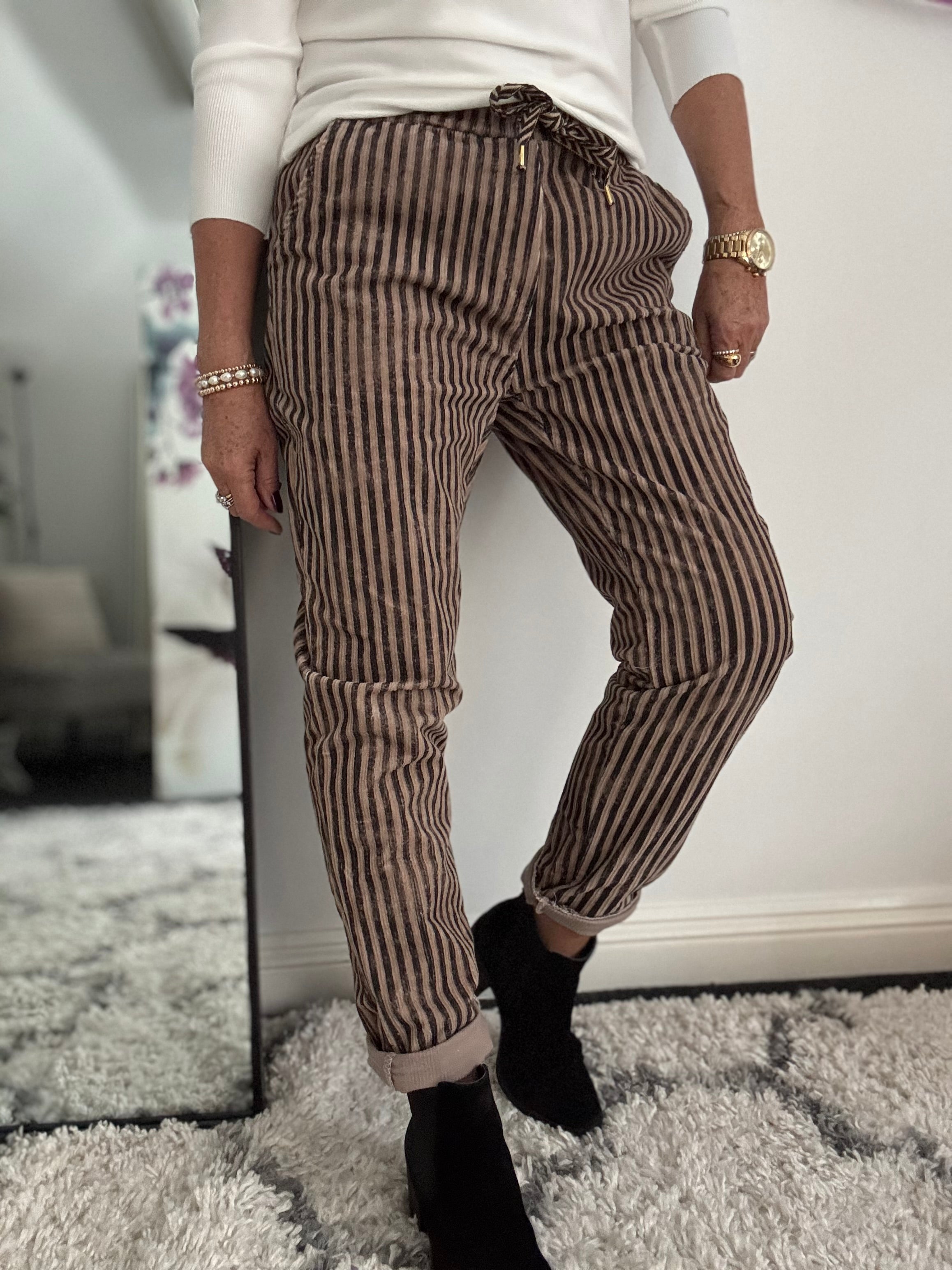 Chenille Cord Joggers in Mocha & Charcoal Stripe