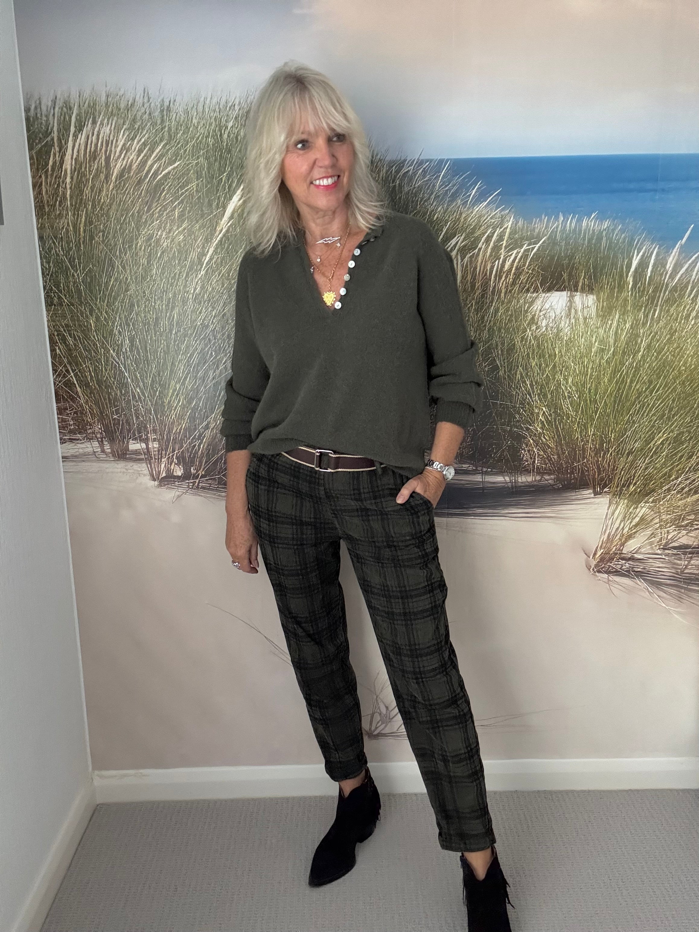 Fine Cord Check Trousers in Khaki