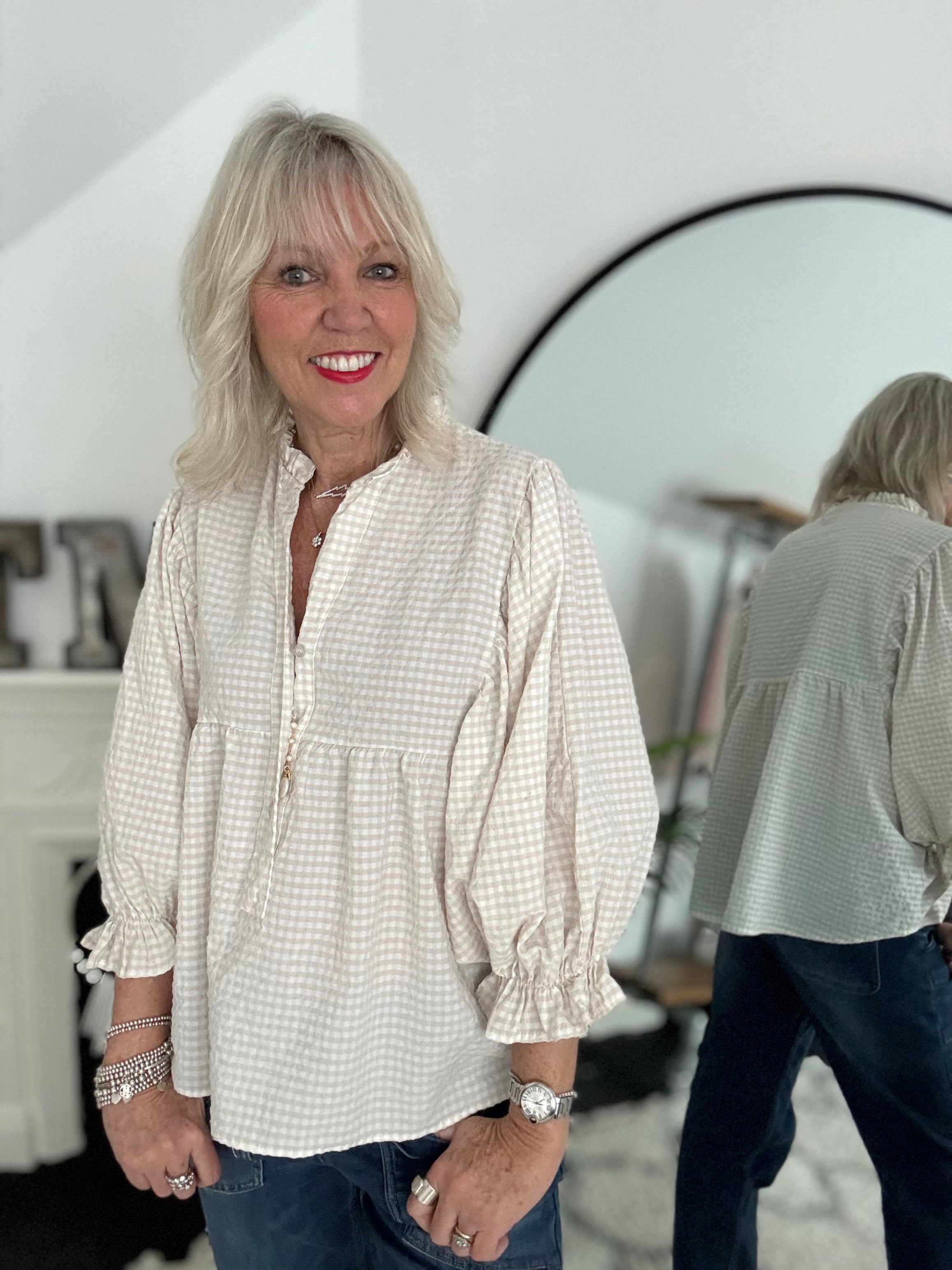 Gingham Seersucker Blouse in Stone