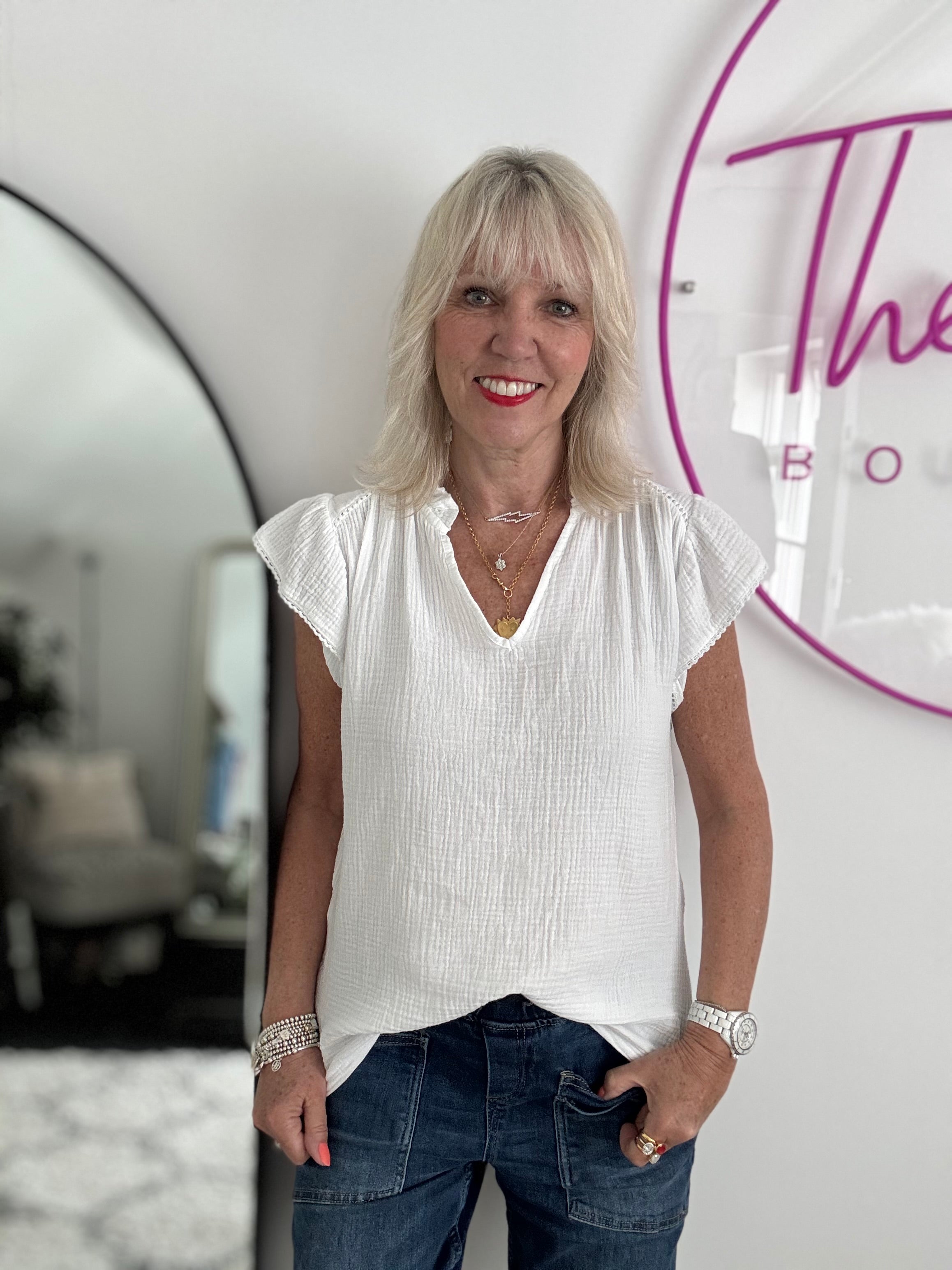 Cheesecloth Top with Ruffle Sleeves in White