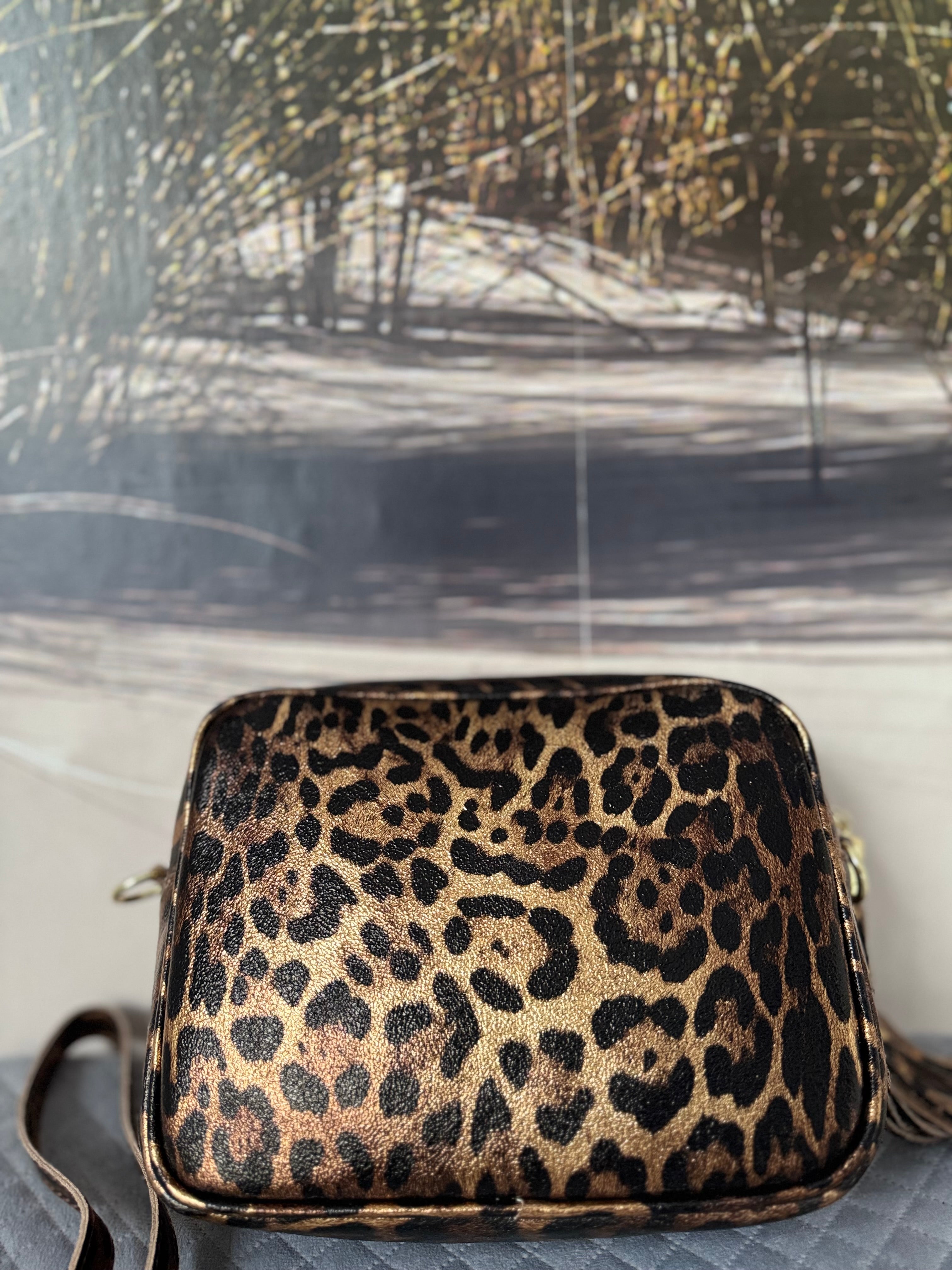 Leather Crossbody Bag in Metallic Leopard