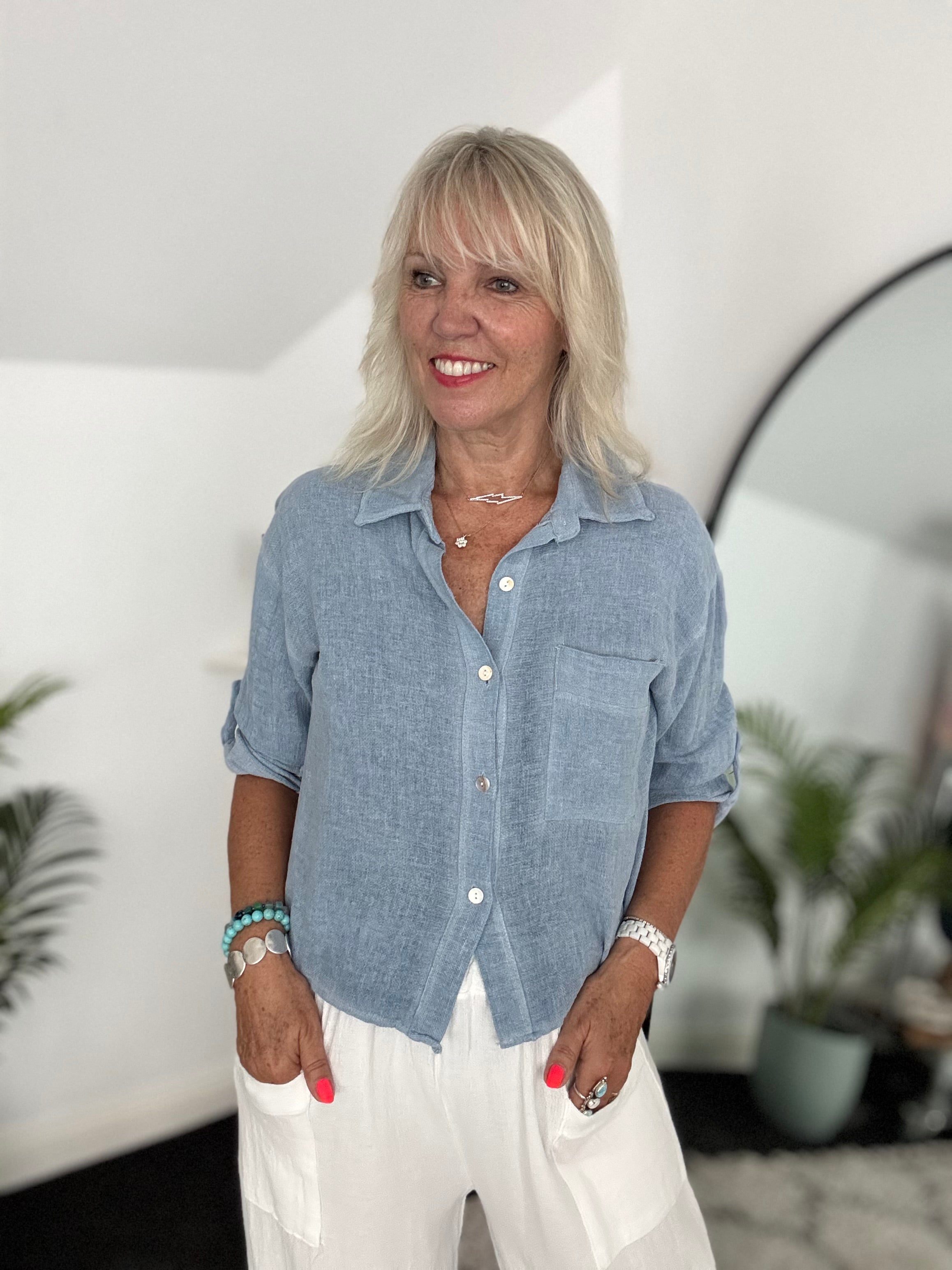 Linen & Cotton Pocket Top in Denim Blue