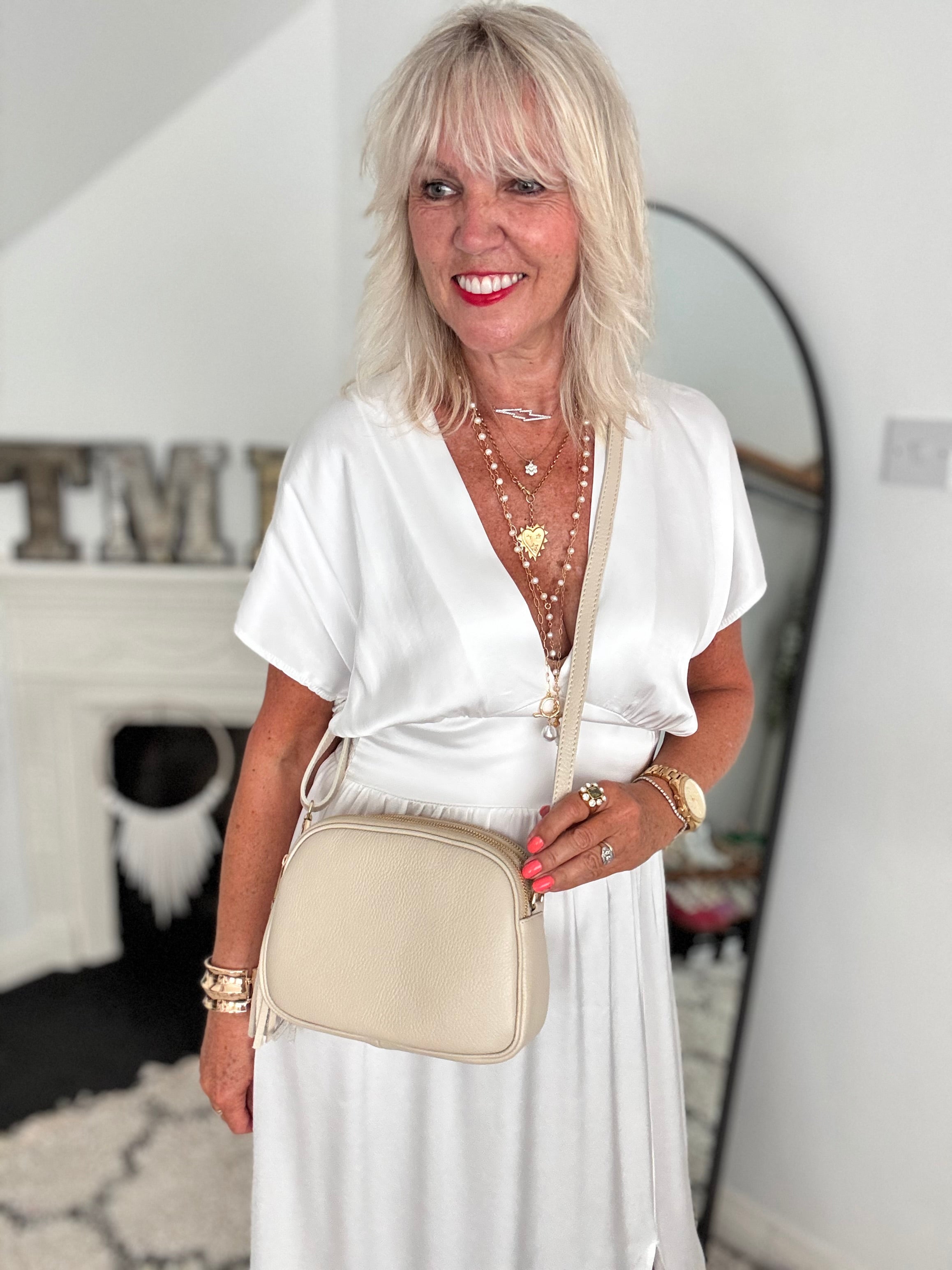 Pebble Leather Crossbody Bag in Ecru