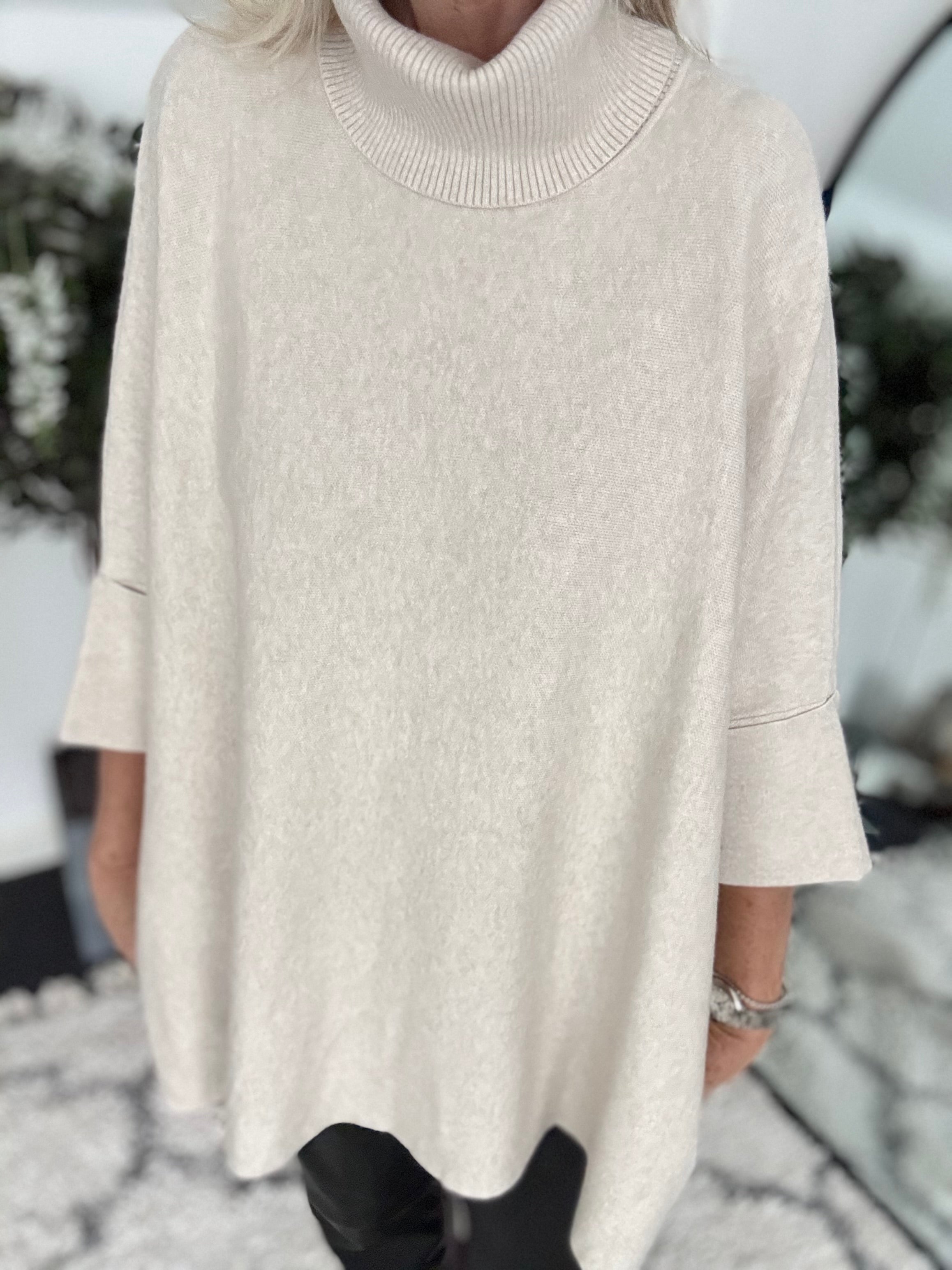 Oversized Roll Neck Poncho Jumper in Ecru