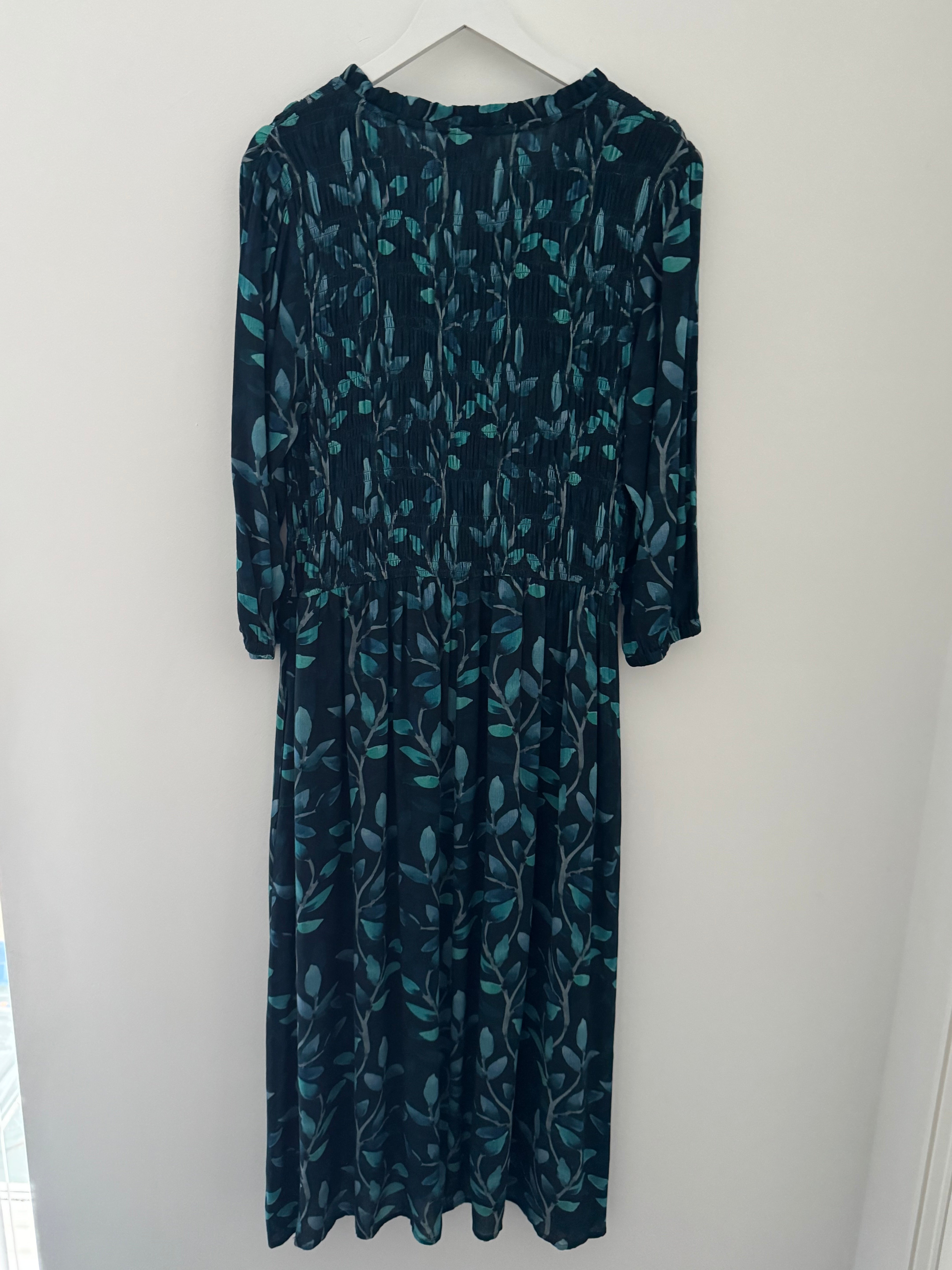 Leaf Print Dress with Shirred Bodice in Teal
