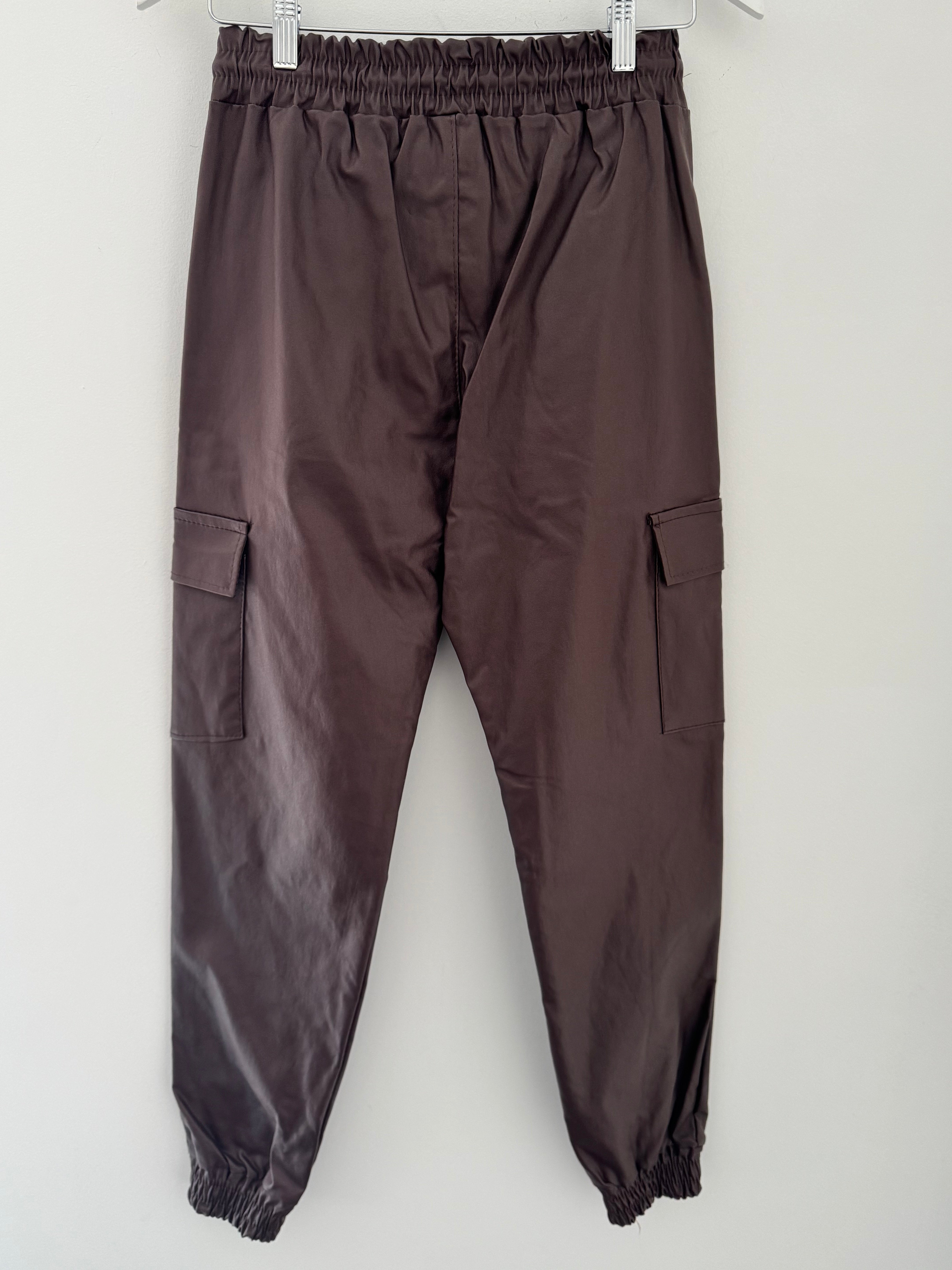 Leather Look Cargo Joggers in Chocolate
