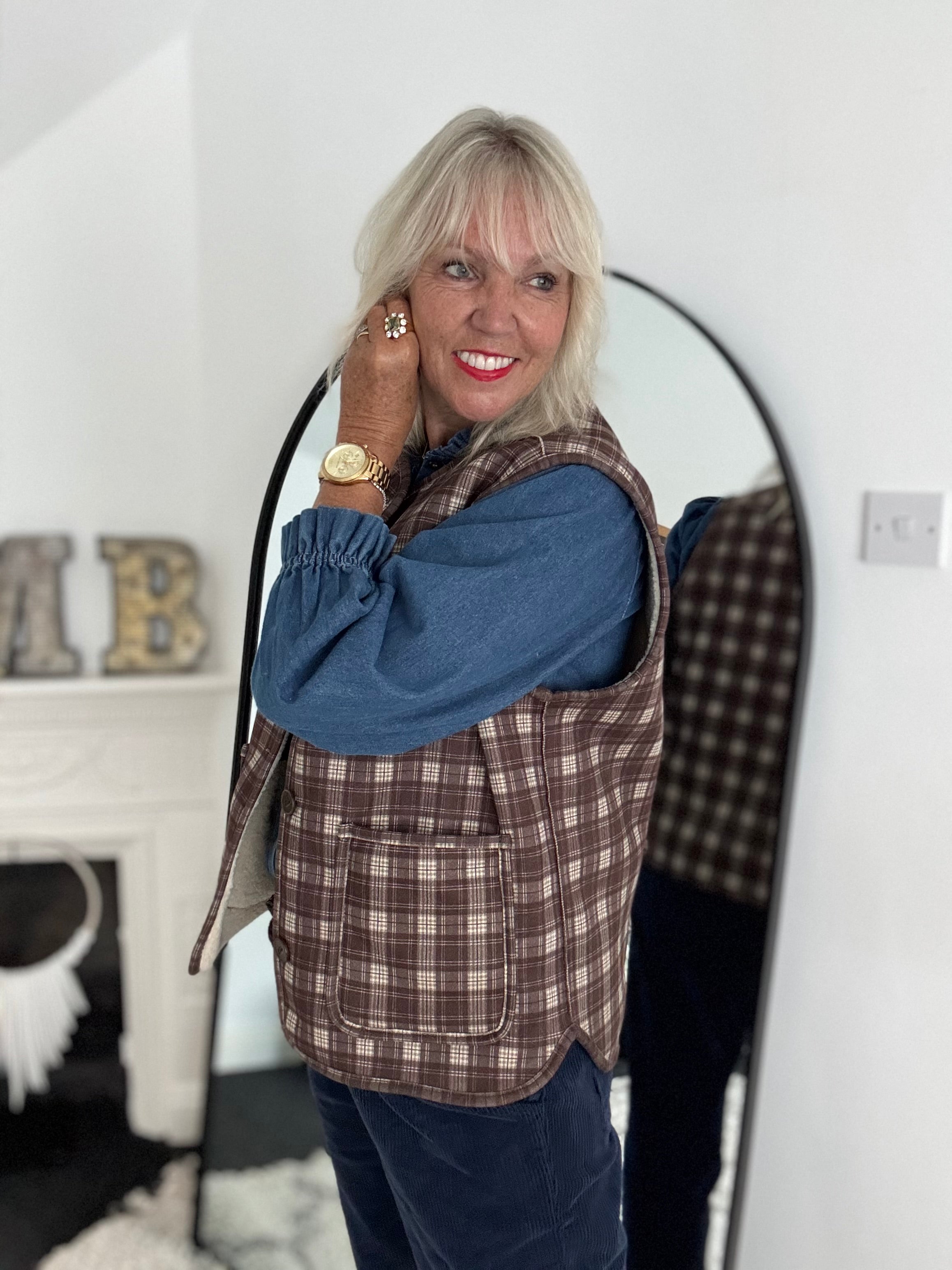 Reversible Boucle & Check Gilet in Ecru and Chocolate