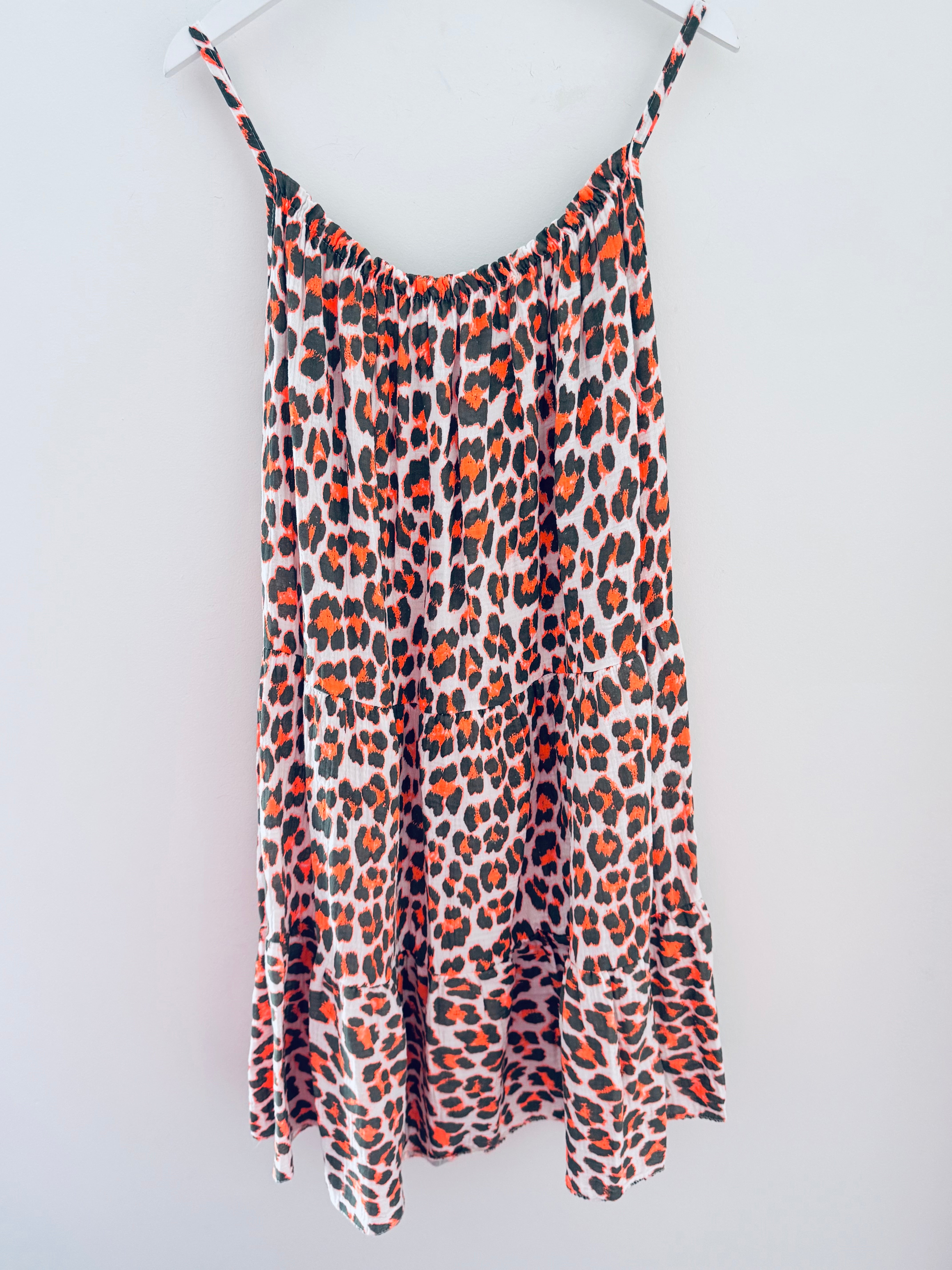 Leopard Cheesecloth Dress in Khaki & Orange