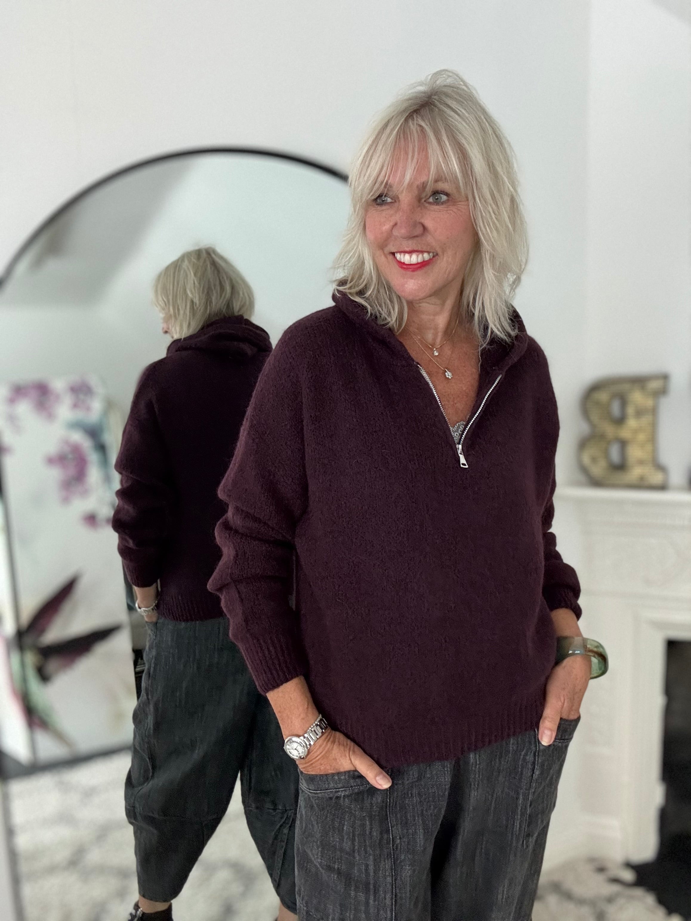 Hooded Mohair Jumper in Deep Plum