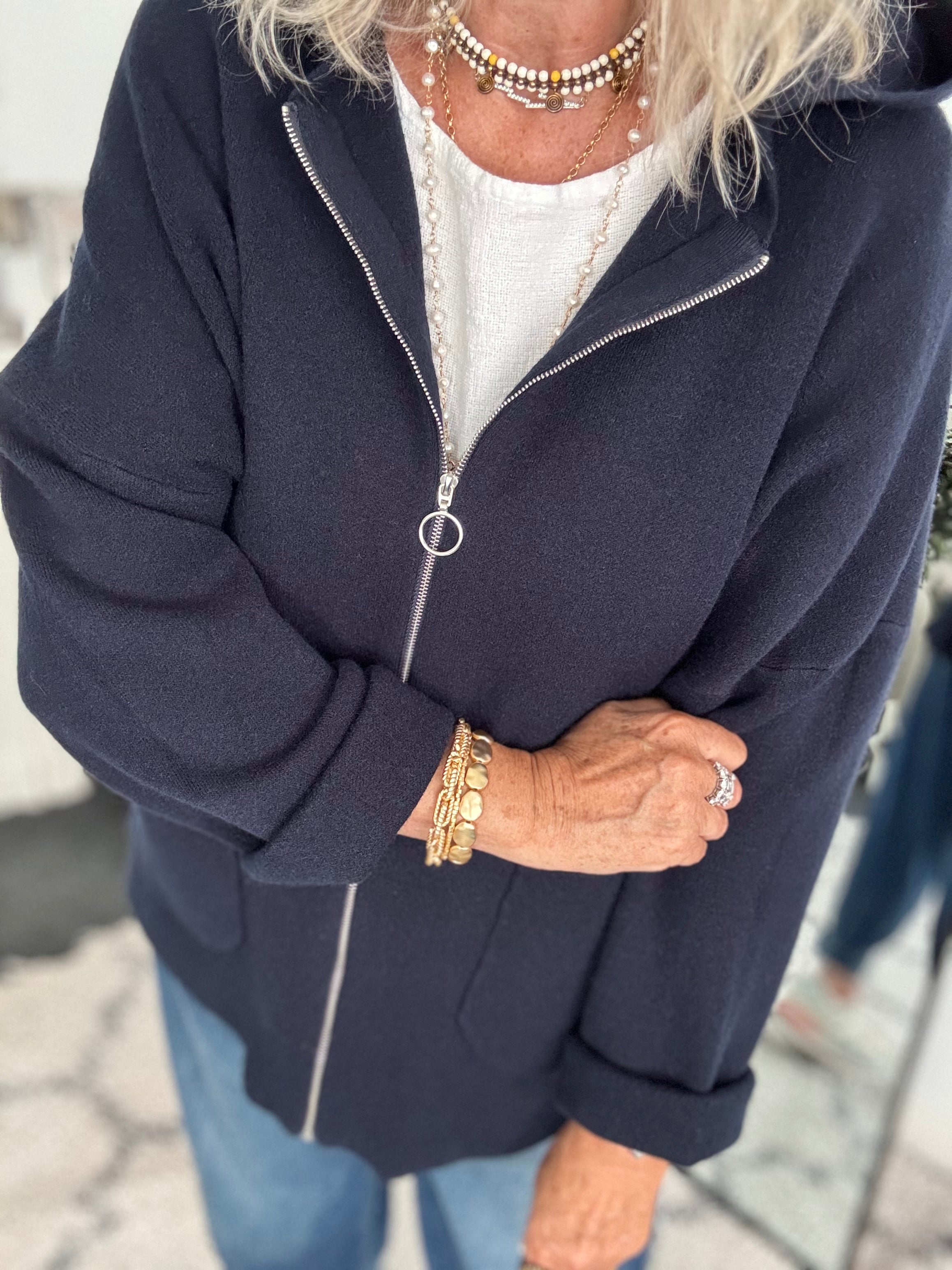 Hooded Zipped Coatigan in Navy