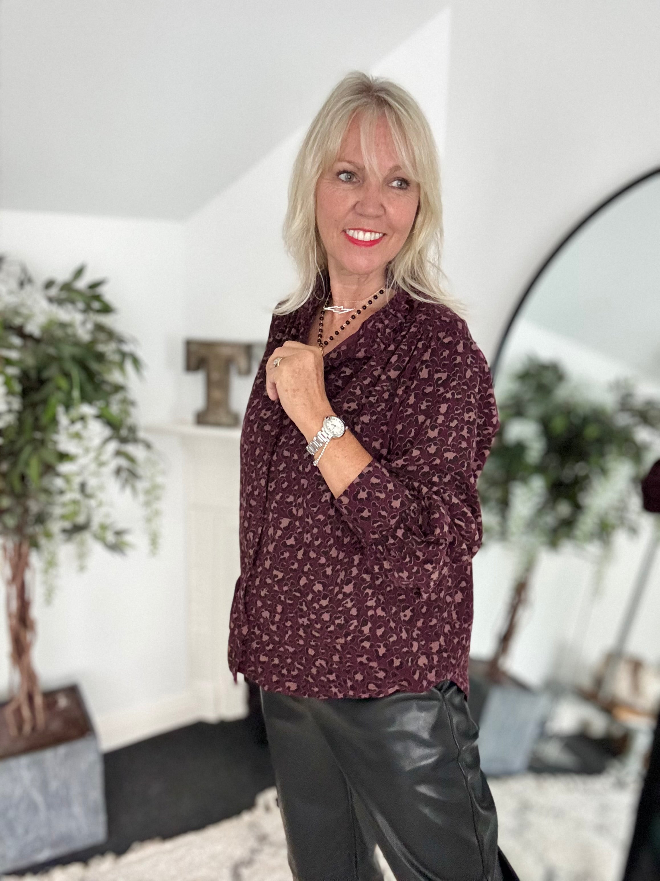 Needlecord Ruffle Blouse in Damson Leopard