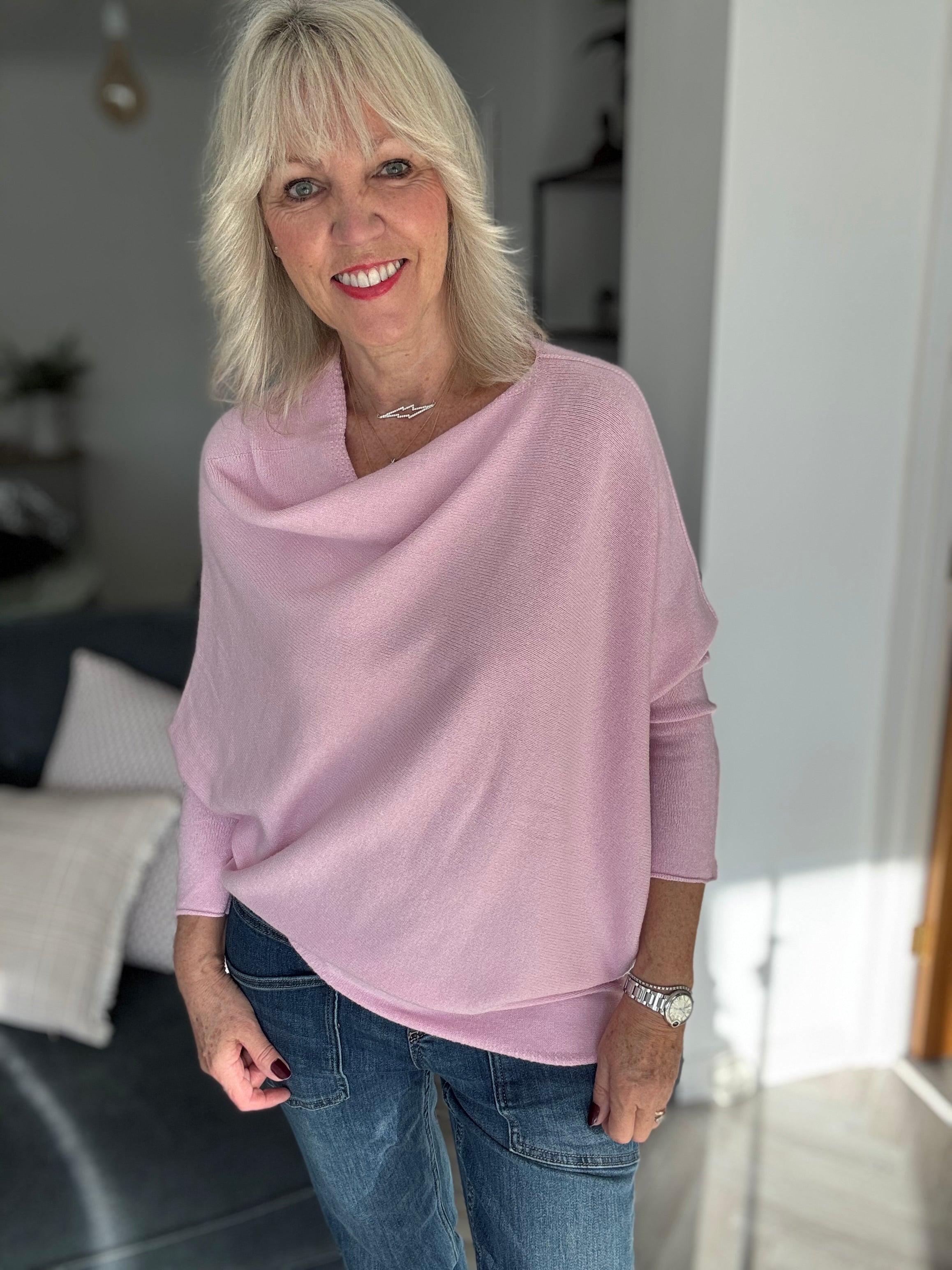 Cowl Neck Asymmetric Jumper in Pink
