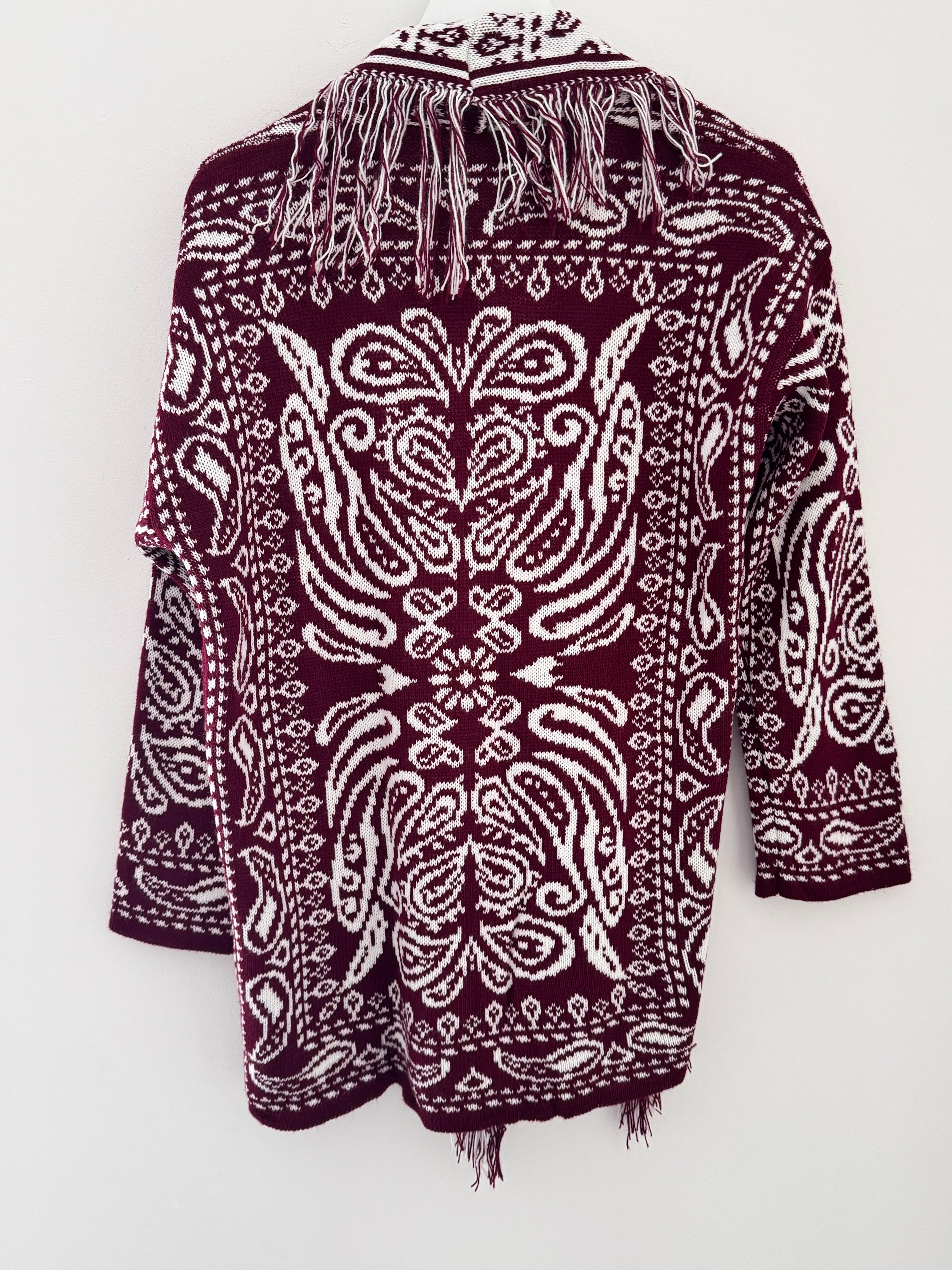 Fringed Paisley Cardigan in Wine