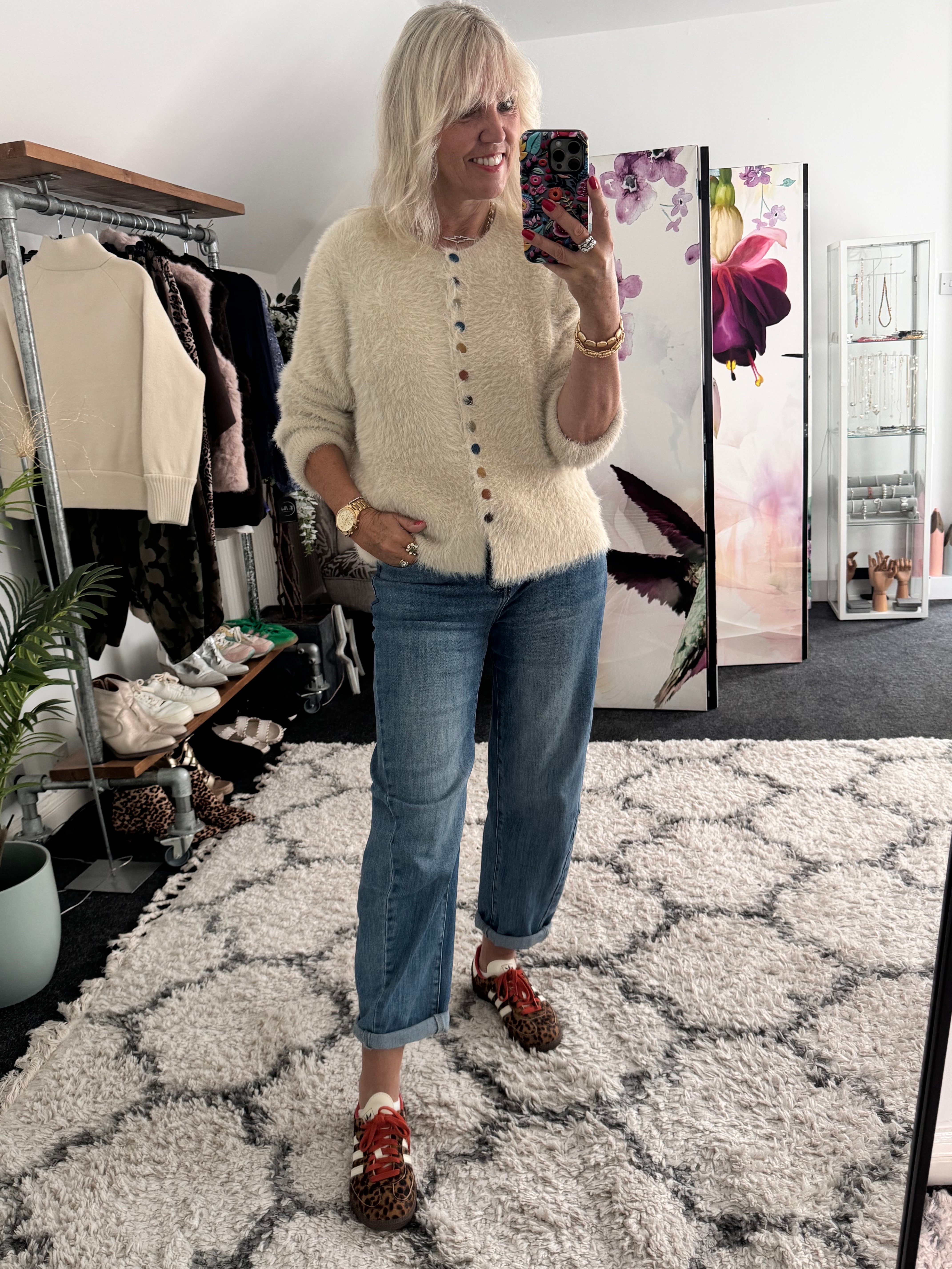 Fluffy Cardi with Multicolour Buttons in Ecru
