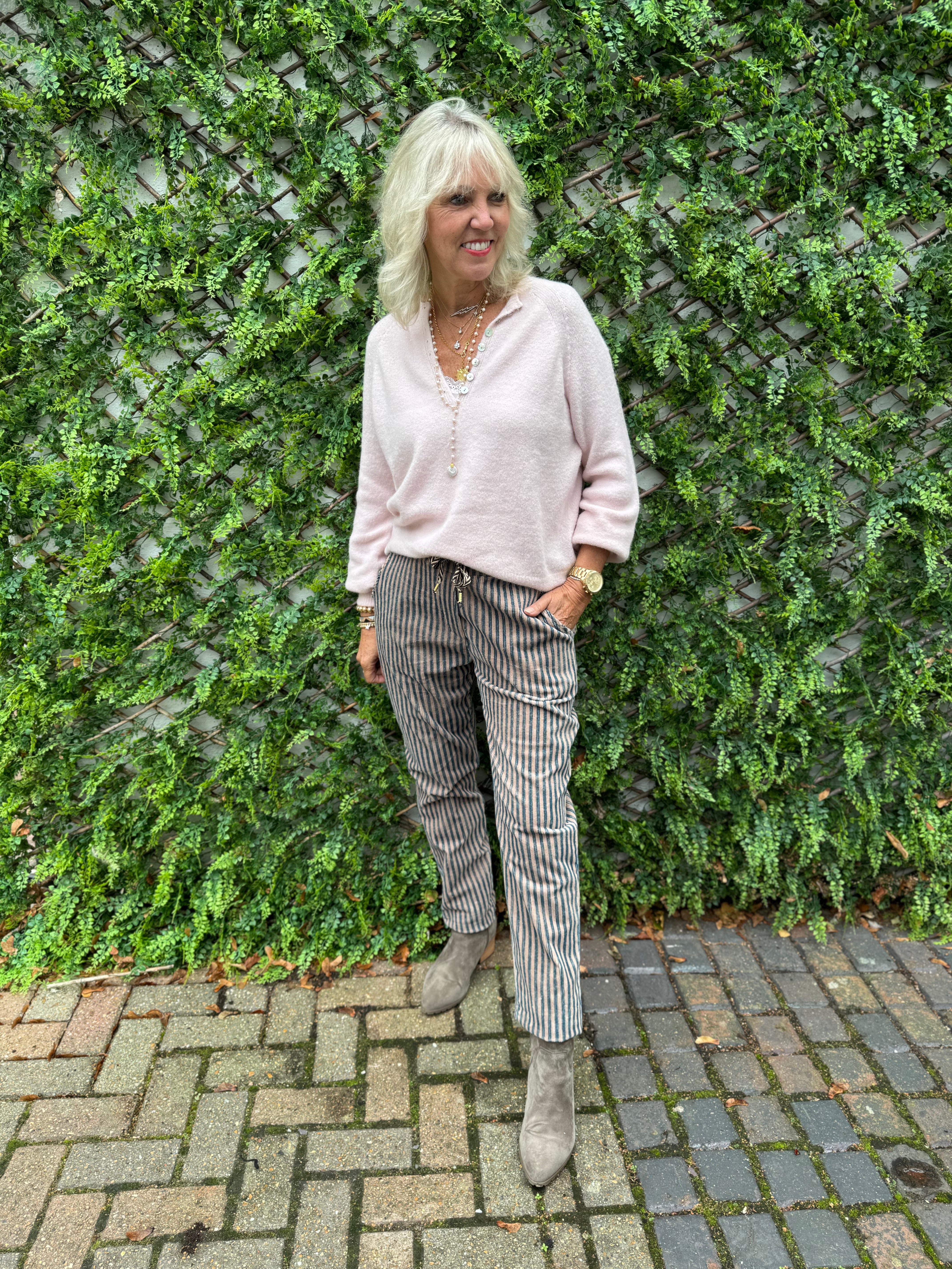 Chenille Cord Joggers in Mocha & Teal Stripe
