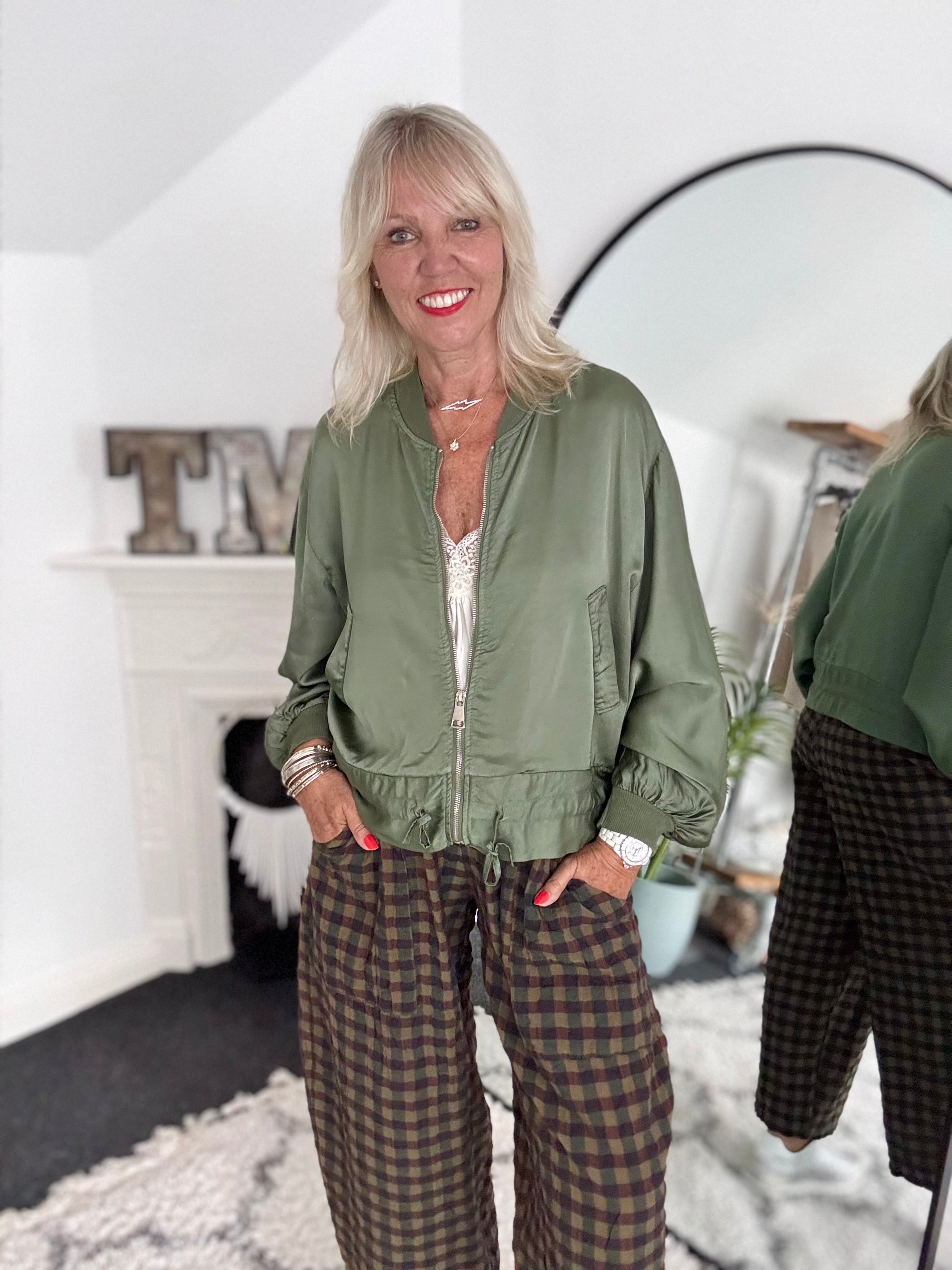 Silky Bomber Jacket in Khaki