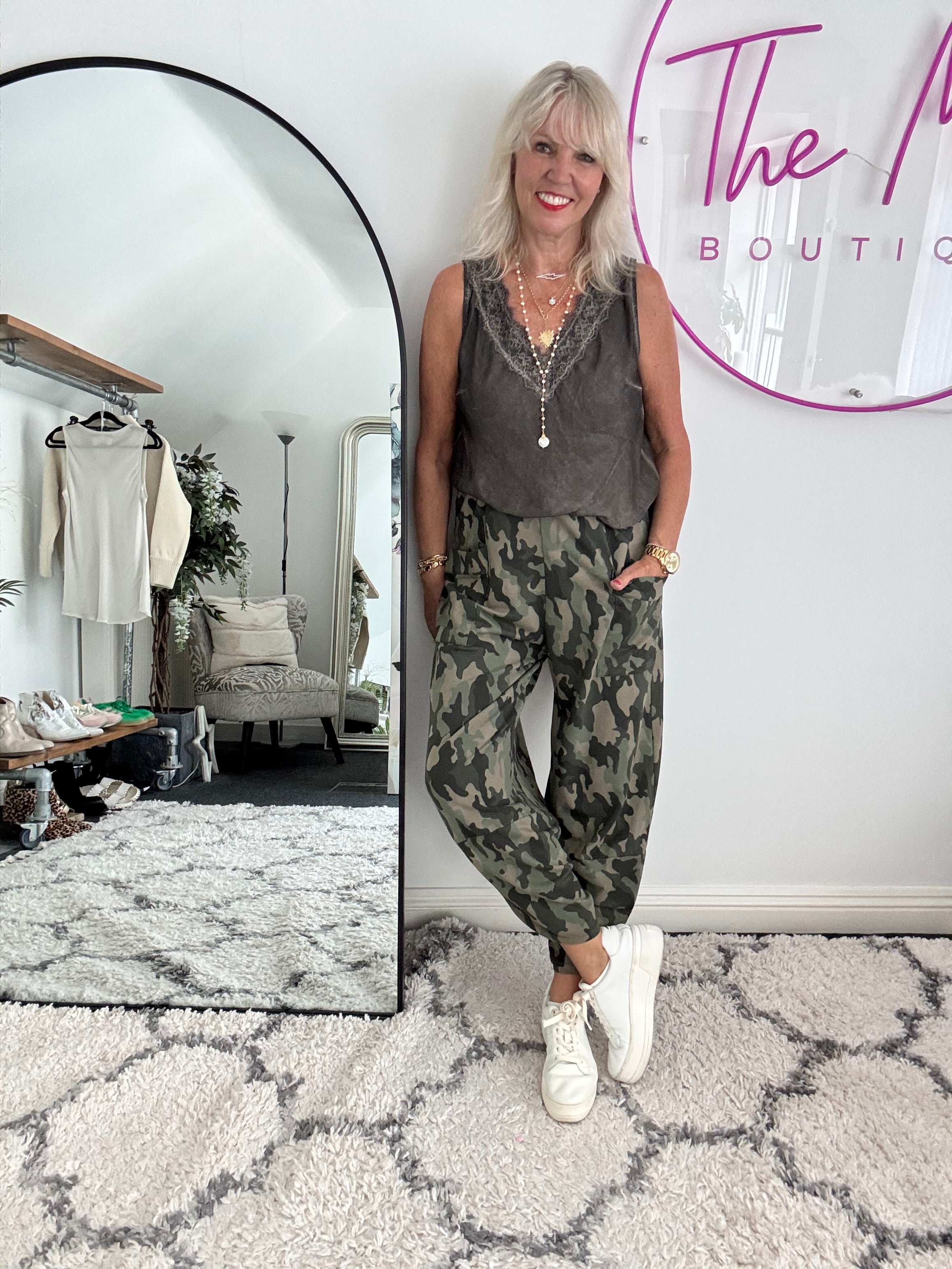 Barrel Cotton Jersey Trousers in Khaki Camo