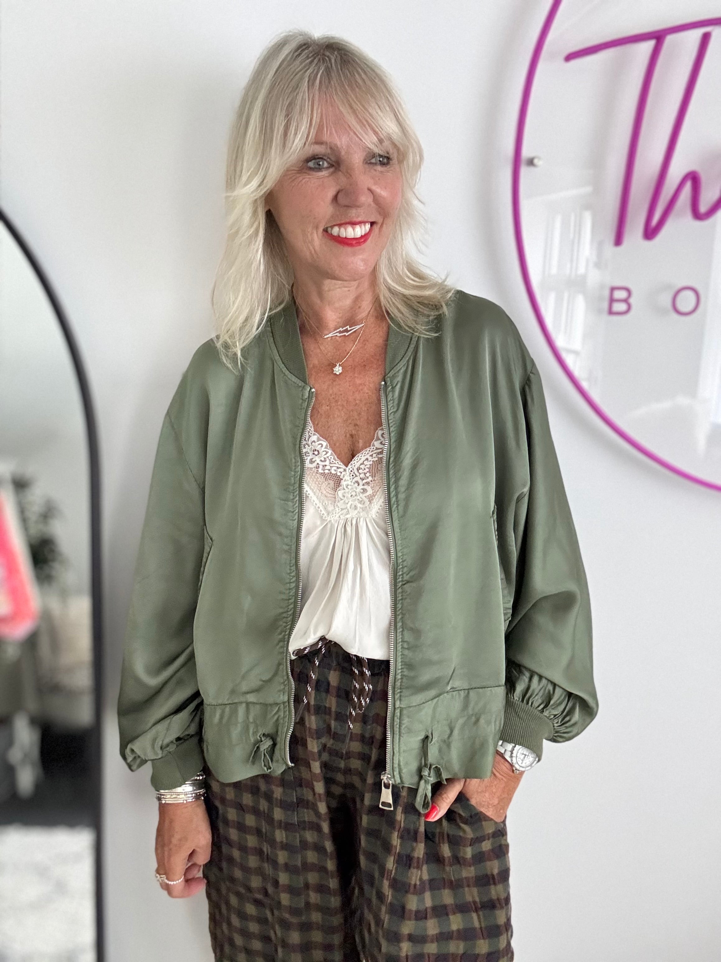 Silky Bomber Jacket in Khaki