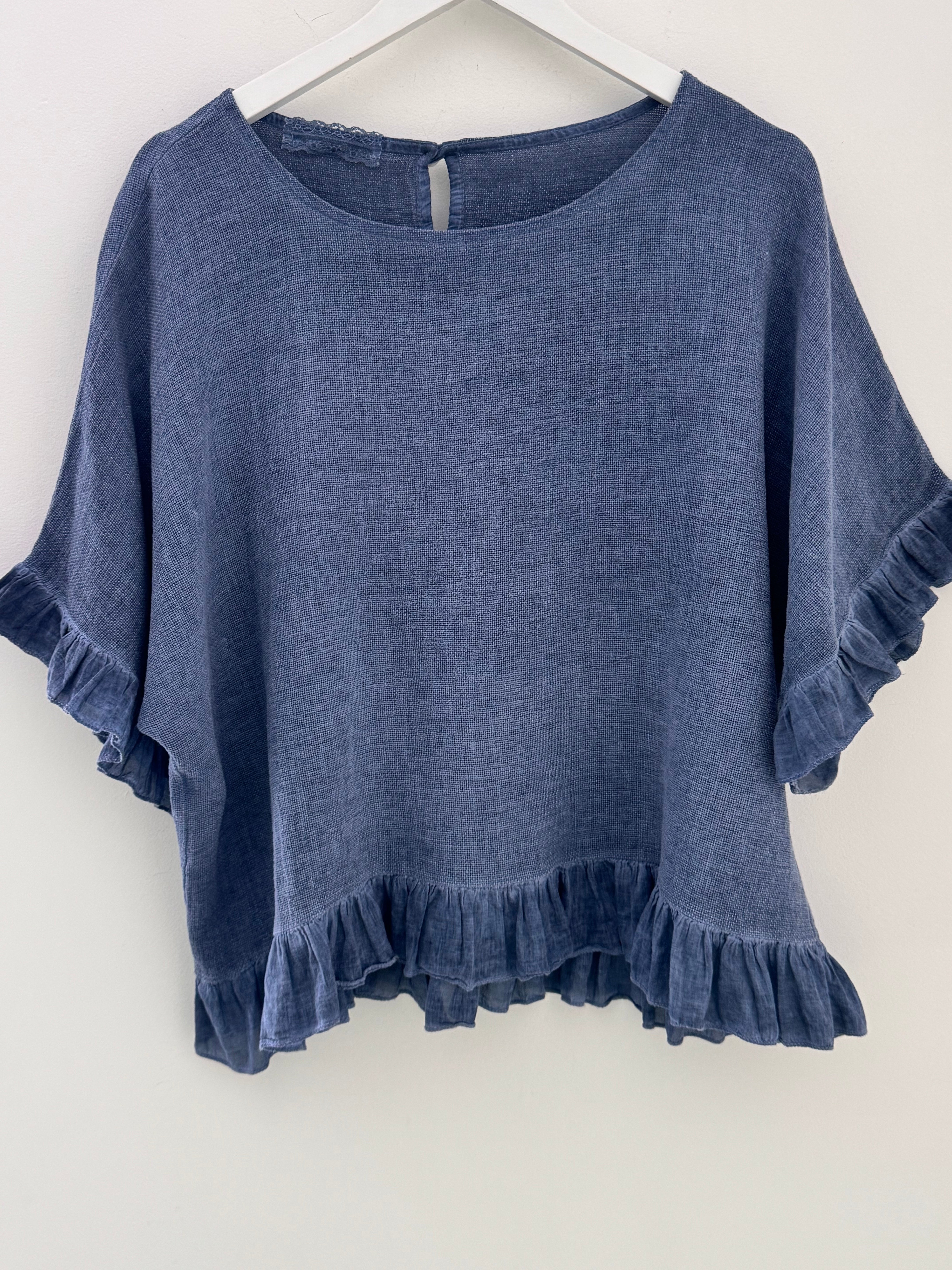 Linen & Cotton Ruffle Edge Top in Denim Blue
