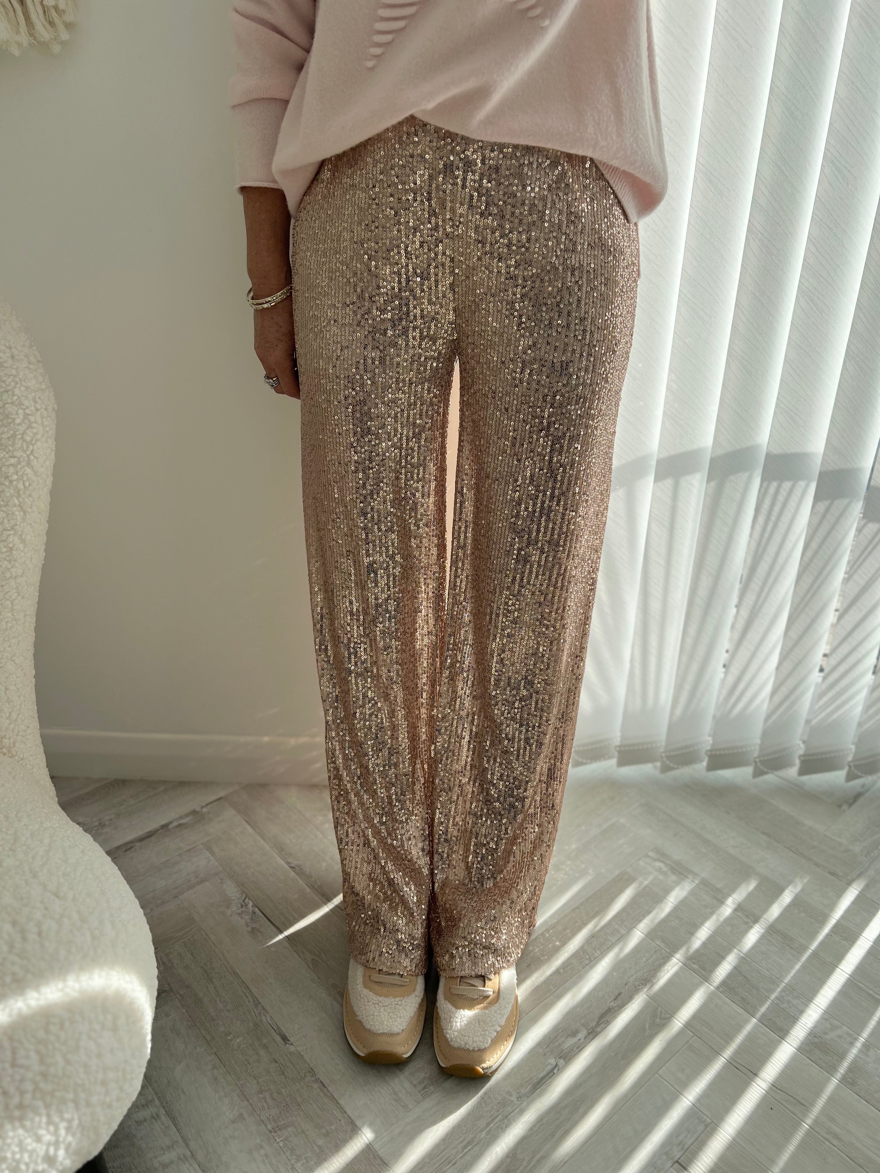 Stretch Sequin Trousers in Rose Gold