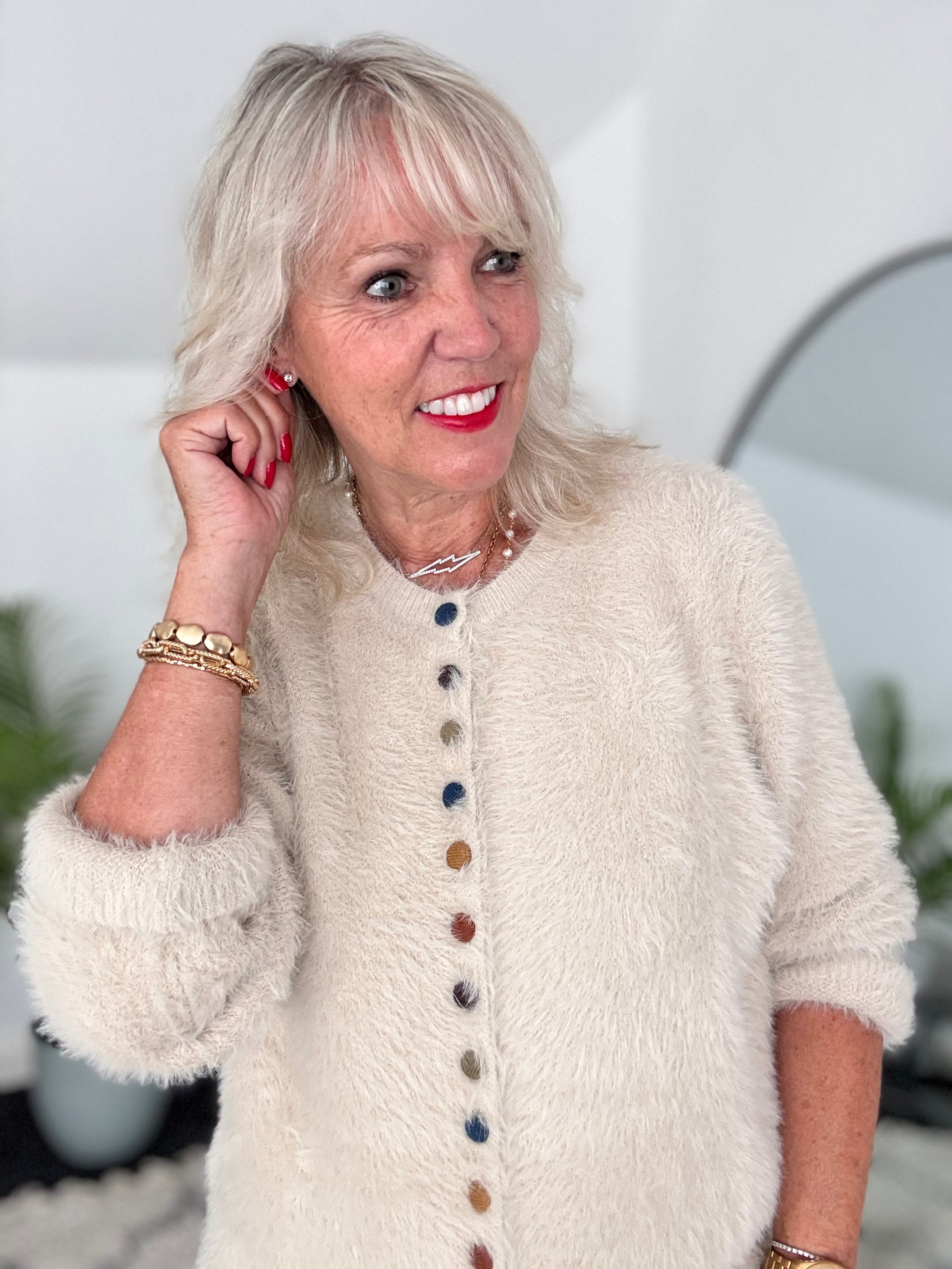 Fluffy Cardi with Multicolour Buttons in Ecru