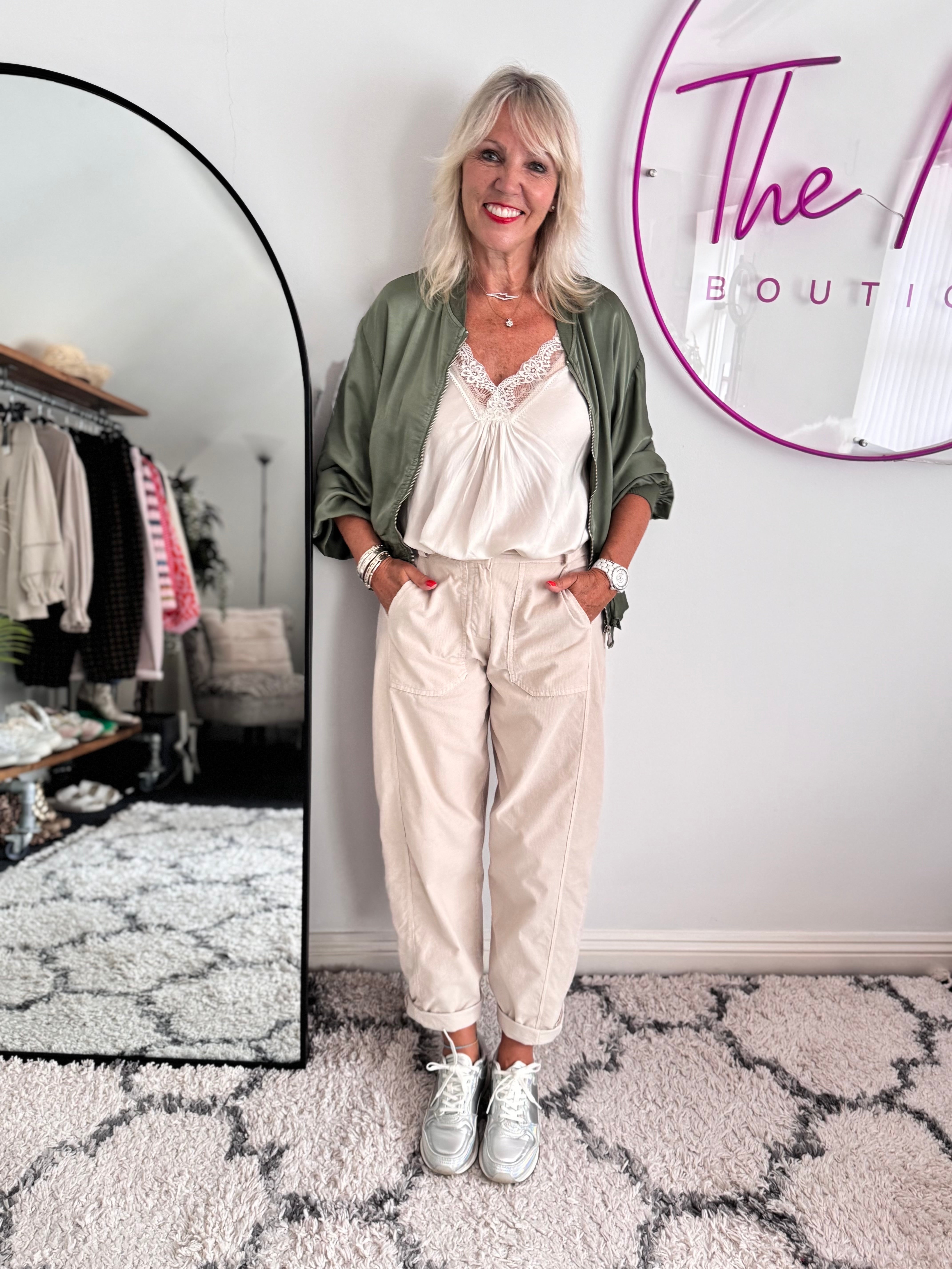 Soft Needlecord Barrel Trousers in Stone