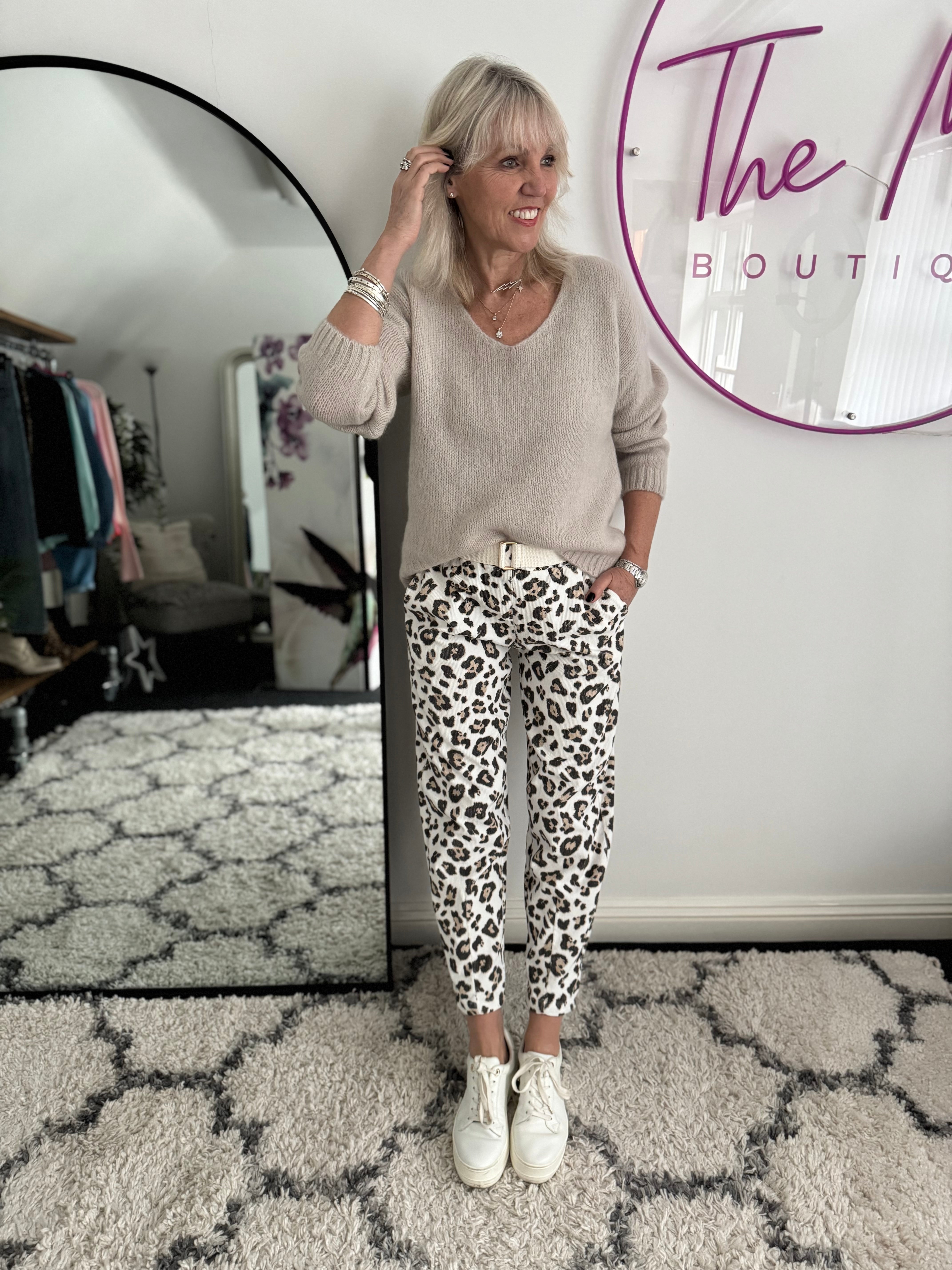 Slim Barrel Leg Trousers in Snow Leopard