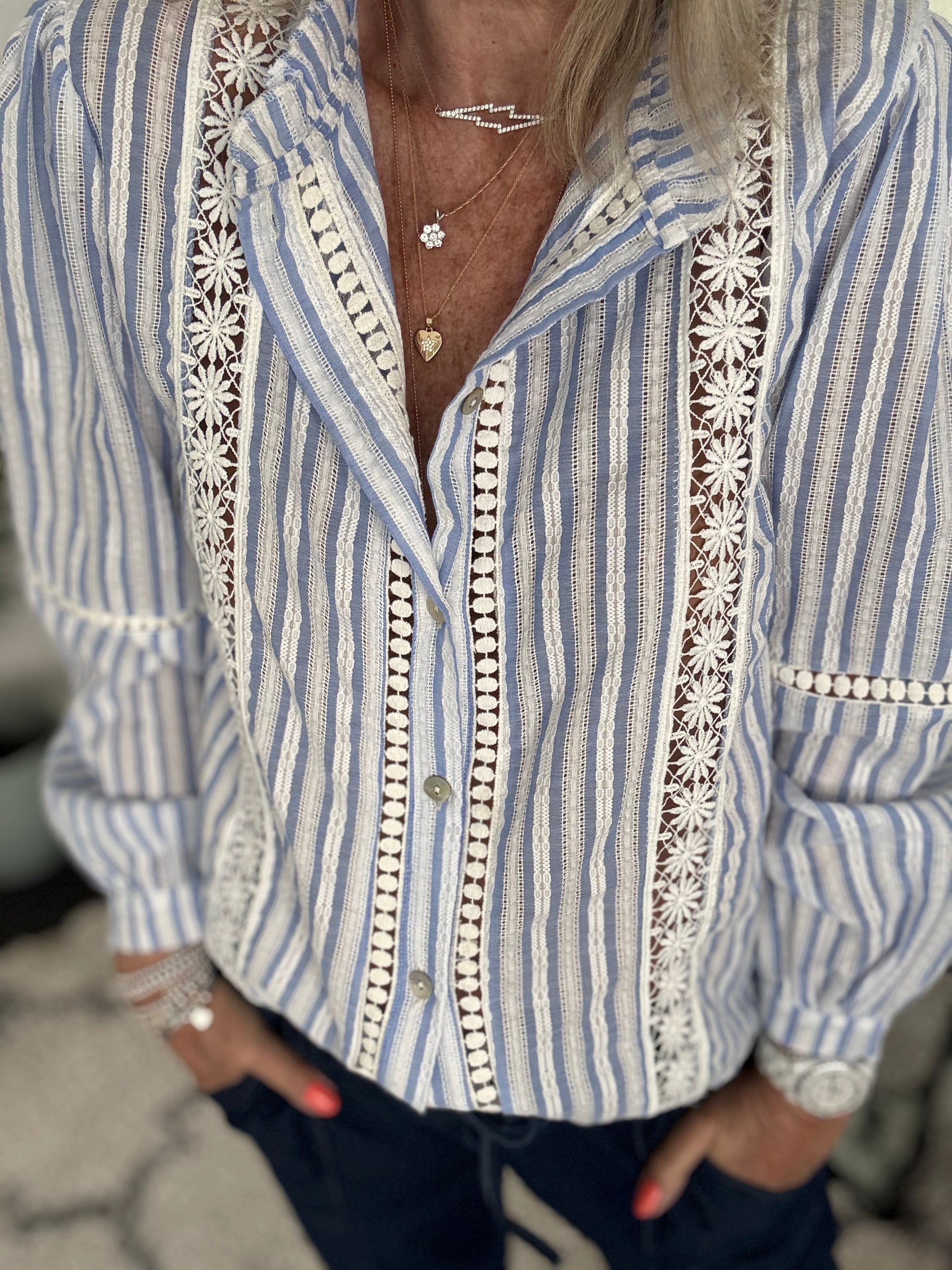 Cotton & Lace Shirt in Blue & White