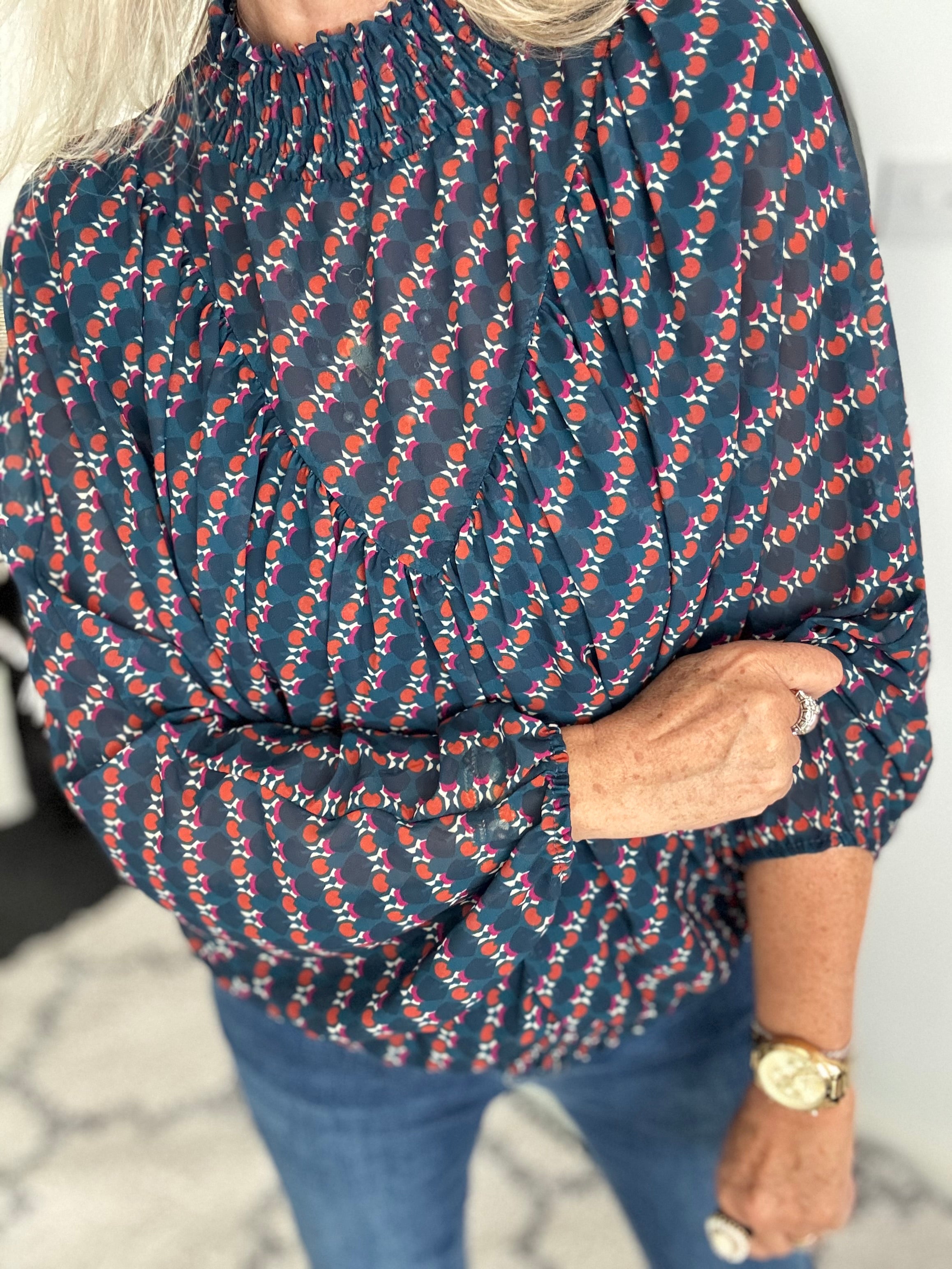 High Neck Blouse in Teal & Cherry
