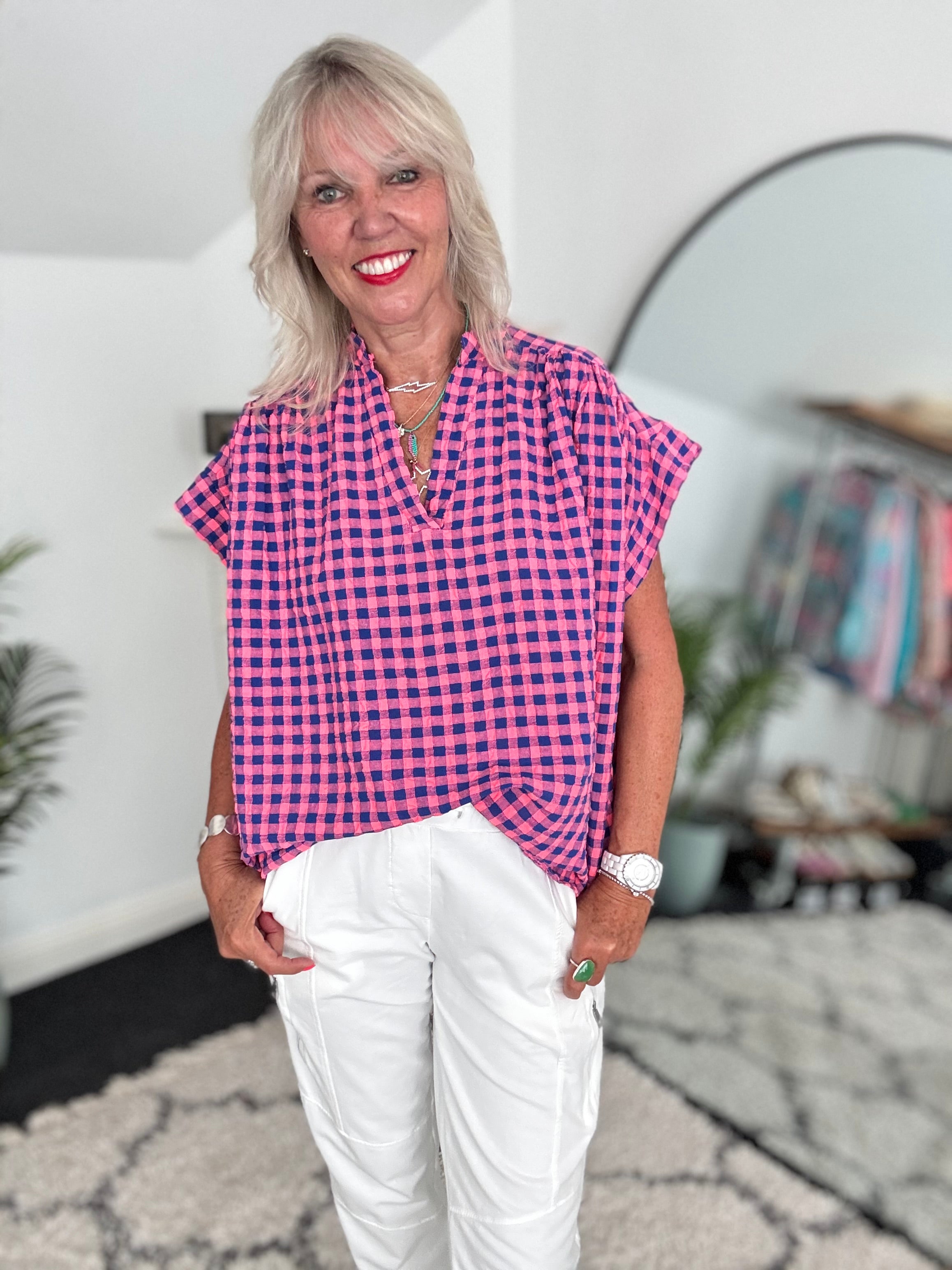 Check Top in Pink & Blue