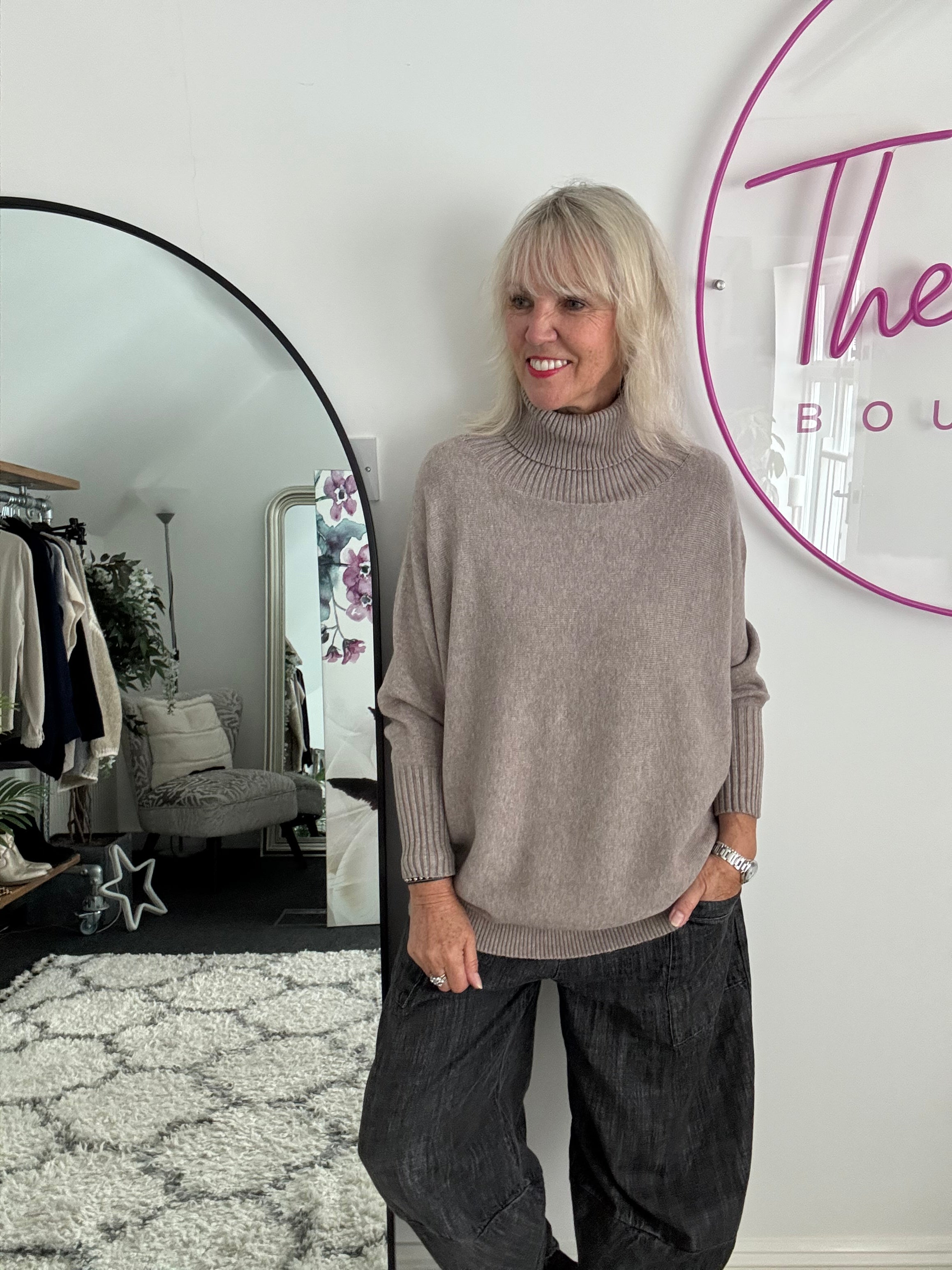 Oversized Roll Neck Poncho Jumper in Mocha