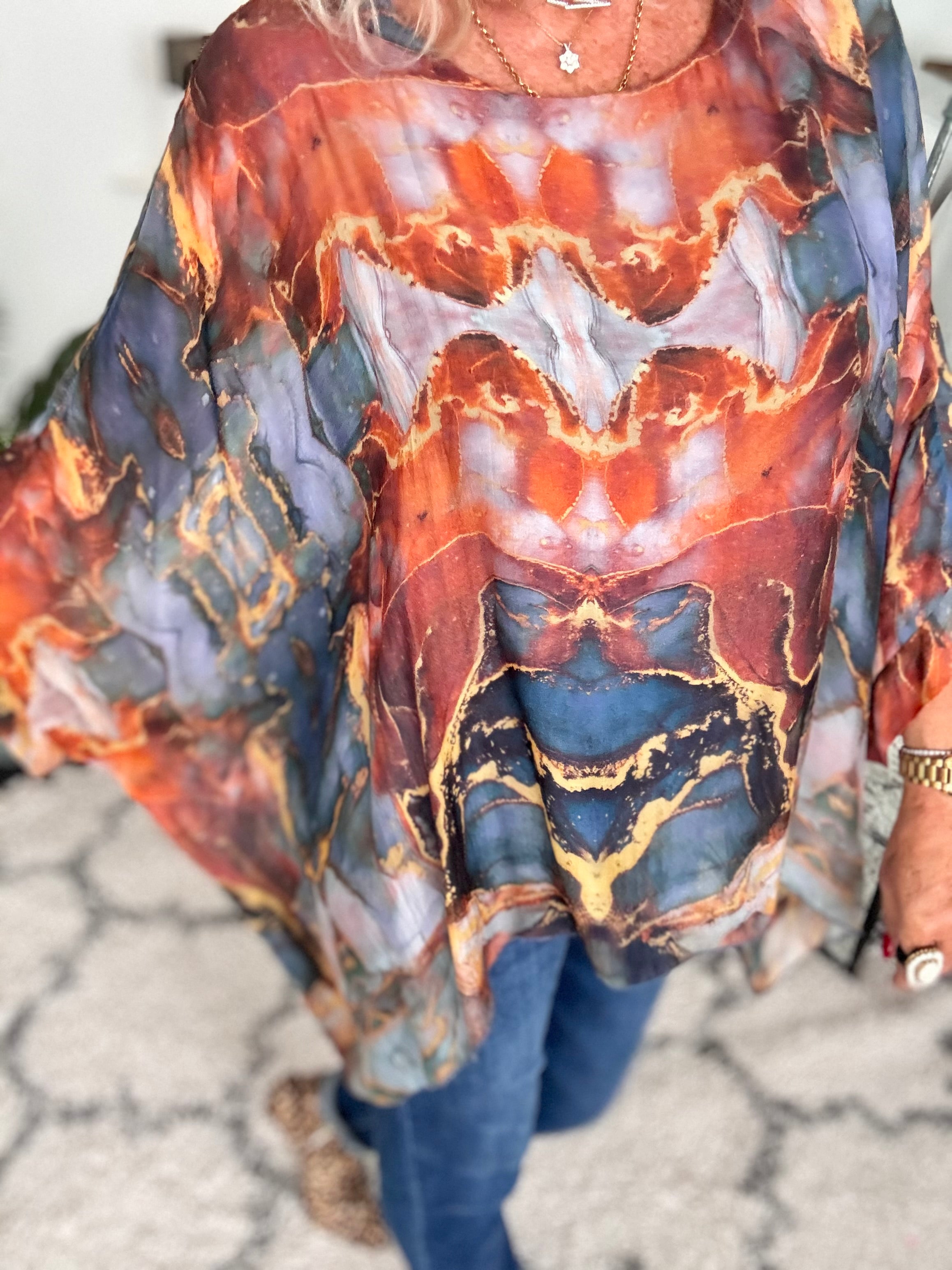 Silk Blouse in Dark Blue & Rust Marble