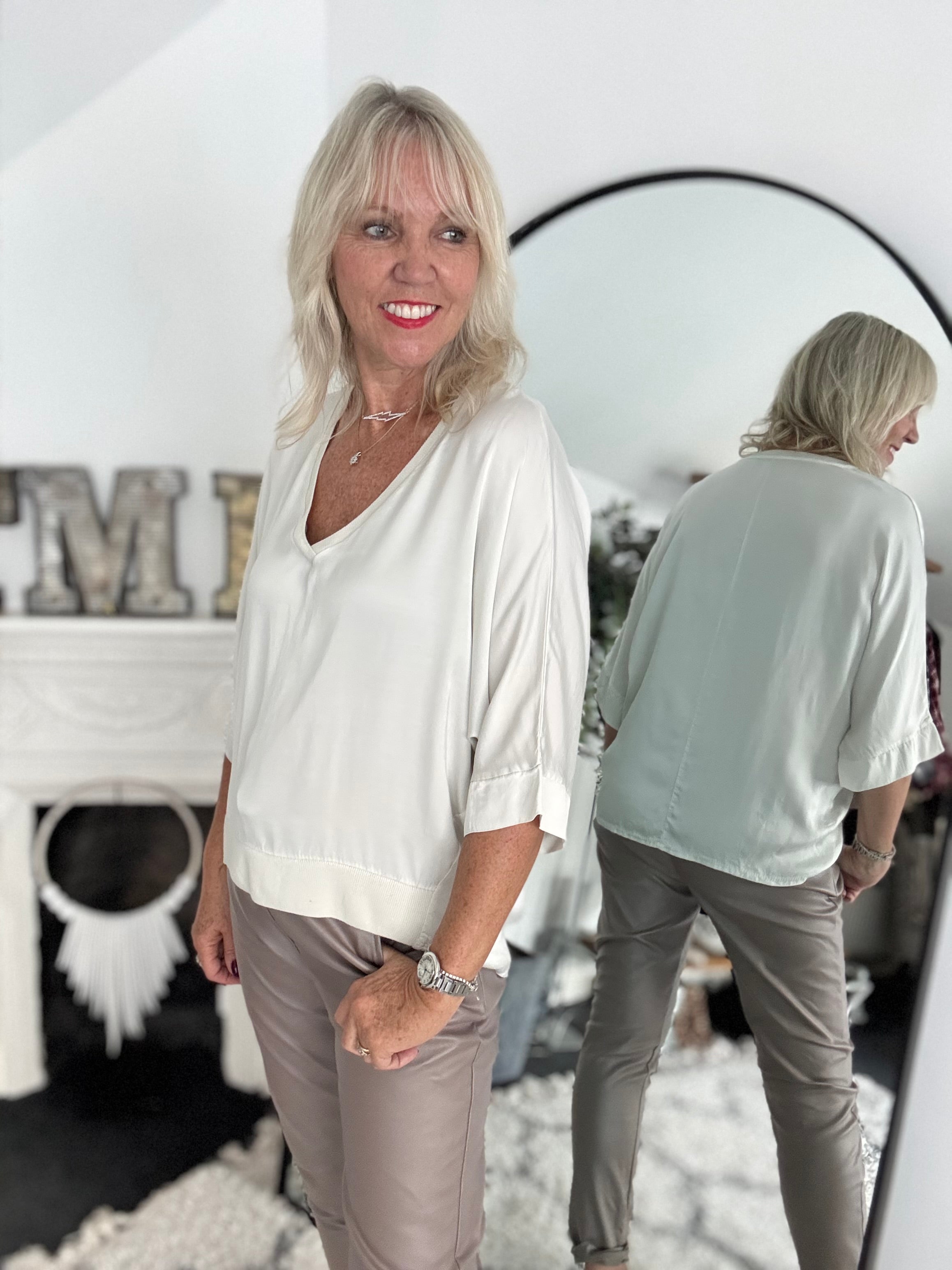 Silky V Neck Top in Ecru