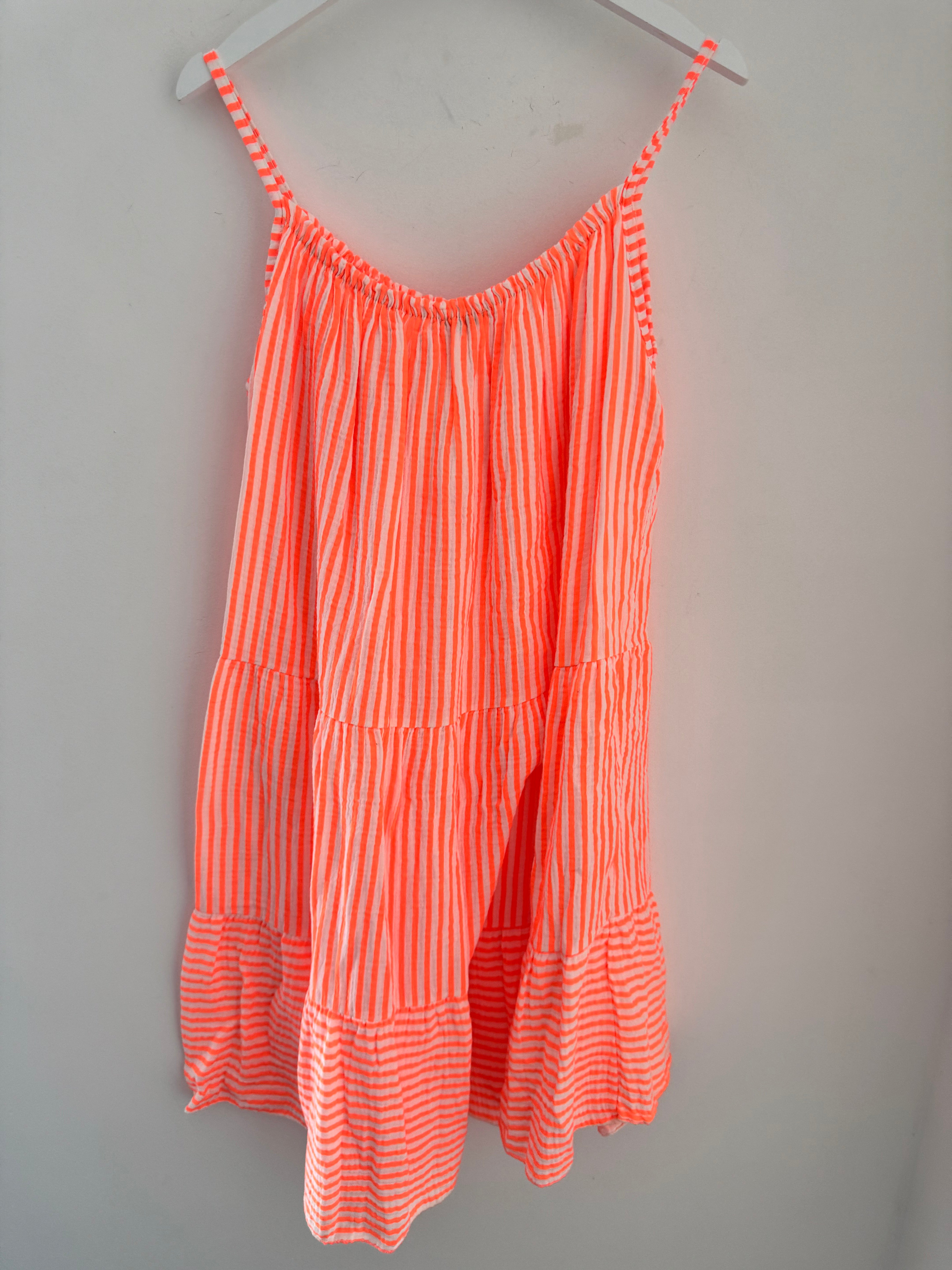 Stripe Cheesecloth Dress in Neon Orange & White
