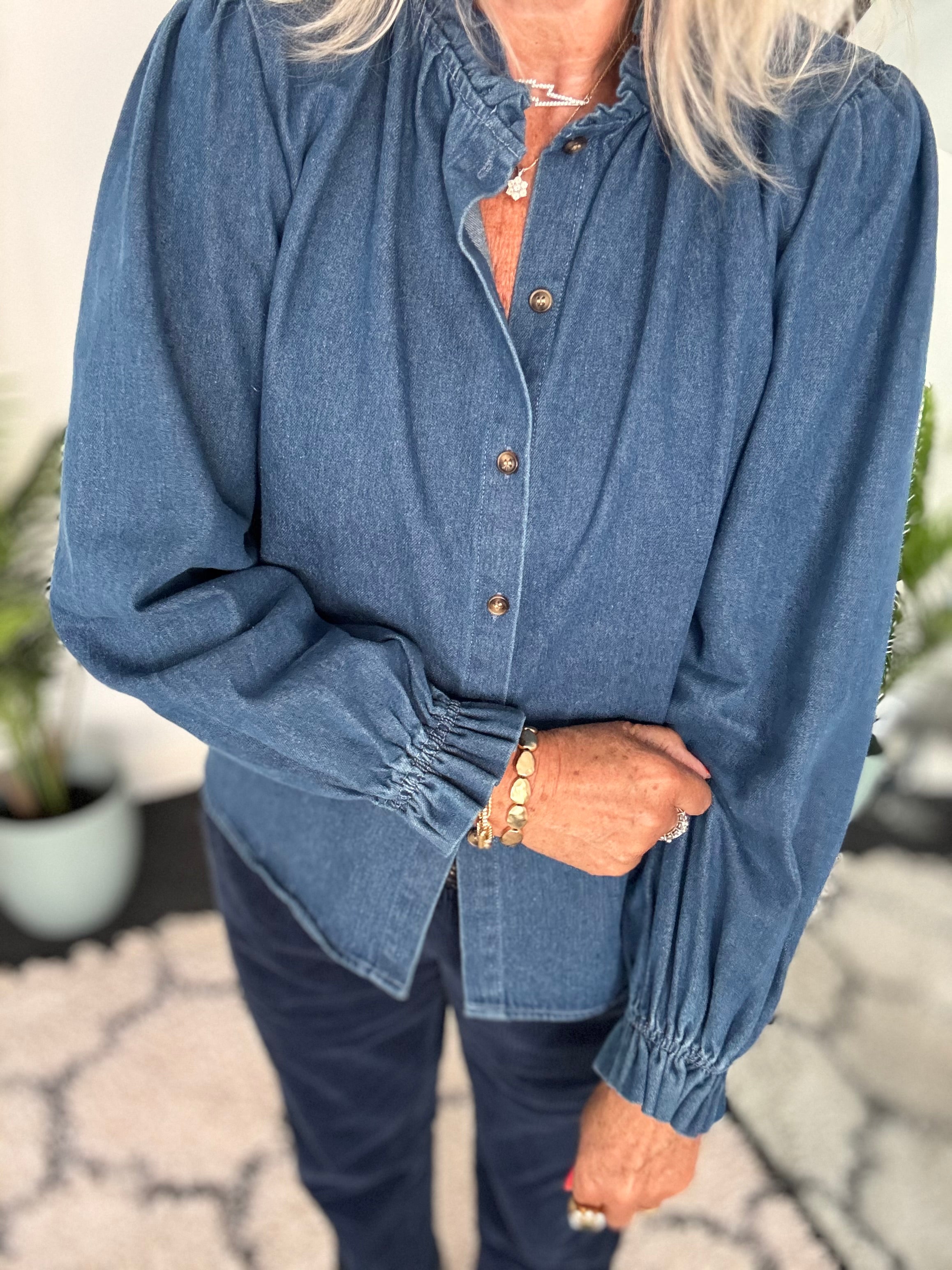 Soft Denim Shirt with Ruffle Collar & Cuffs