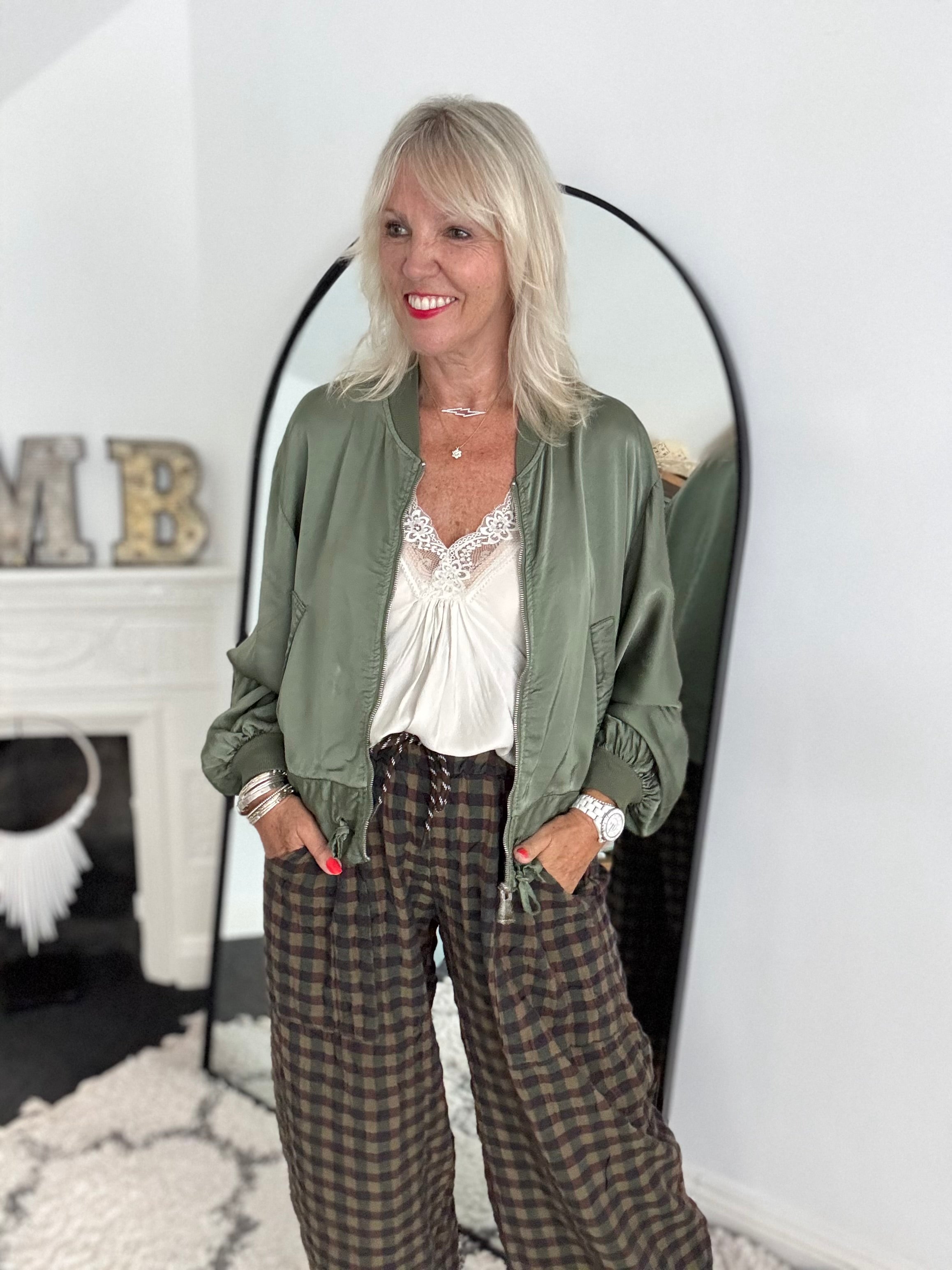 Silky Bomber Jacket in Khaki