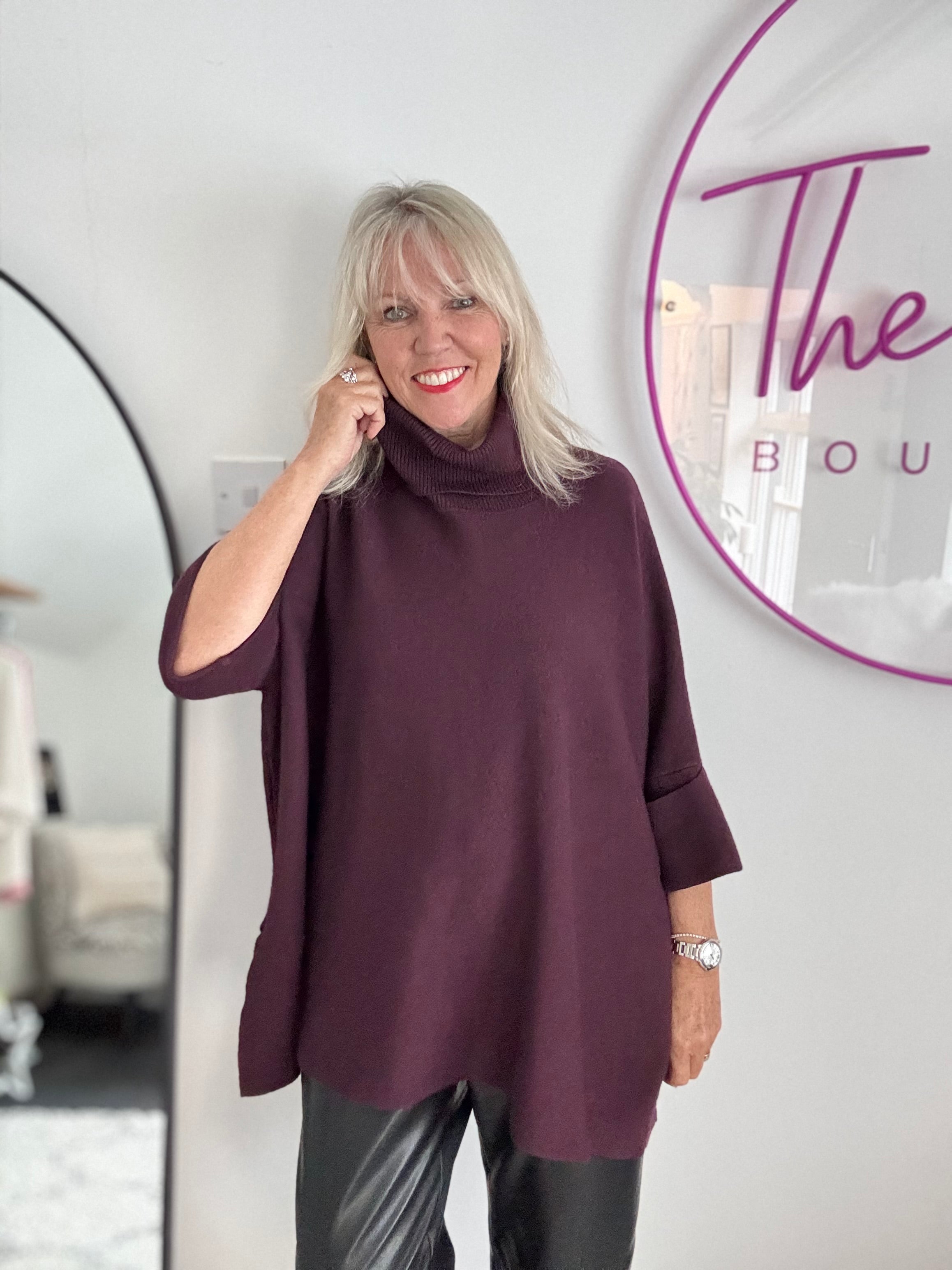 Oversized Roll Neck Poncho Jumper in Plum